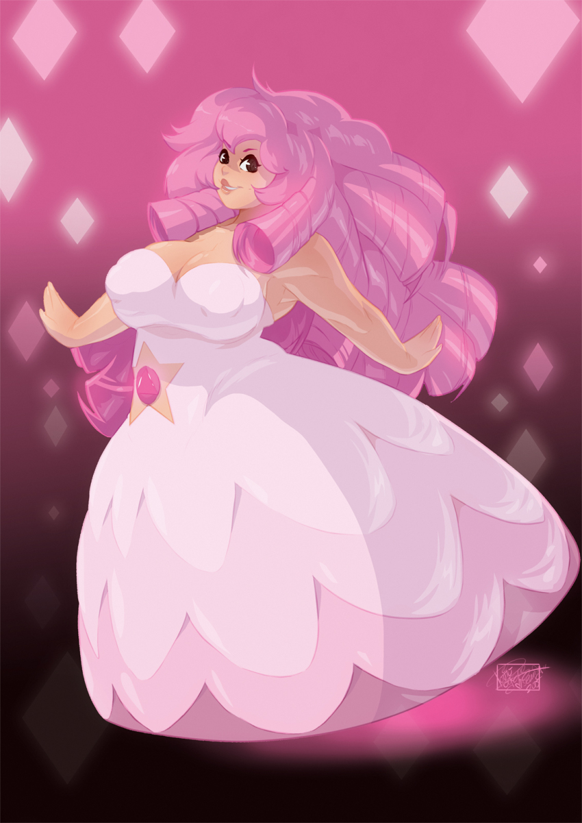 1girls, ass, black background, breasts, cartoon network, dress, female, female only, gem (species), huge ass, huge breasts, looking at viewer, milf, nipple bulge, pink background, pink hair, rose quartz (steven universe), smile, solo, steven universe, tovio rogers, voluptuous