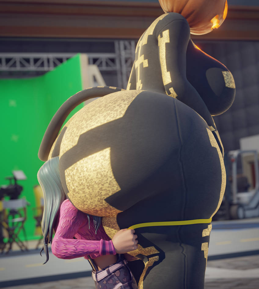 2girls, 3d, between buttocks, big ass, big breasts, blender, clothed female, ctgiantess, epic games, face in ass, fortnite, fortnitemares, giant ass, he tryna ignore it (meme), huge ass, huge breasts, larger female, measurements, measuring, mini giantess, pumpkin, pumpkin head, size difference, smaller female, smothering ass, spice (fortnite), syd (fortnite), thick thighs, yuri