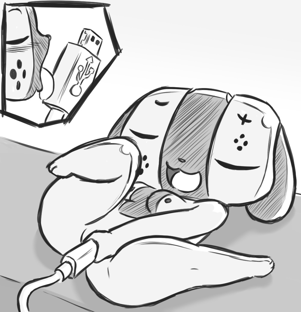 animate_inanimate anthro blush breasts canine closed_eyes epilepticgerbil female licking mammal monochrome nintendo nintendo_switch nipples nude open_mouth penetration pussy shortstack simple_background slightly_chubby smile solo switch_dog thick_thighs tongue tongue_out usb vaginal_penetration video_games white_background wide_hips