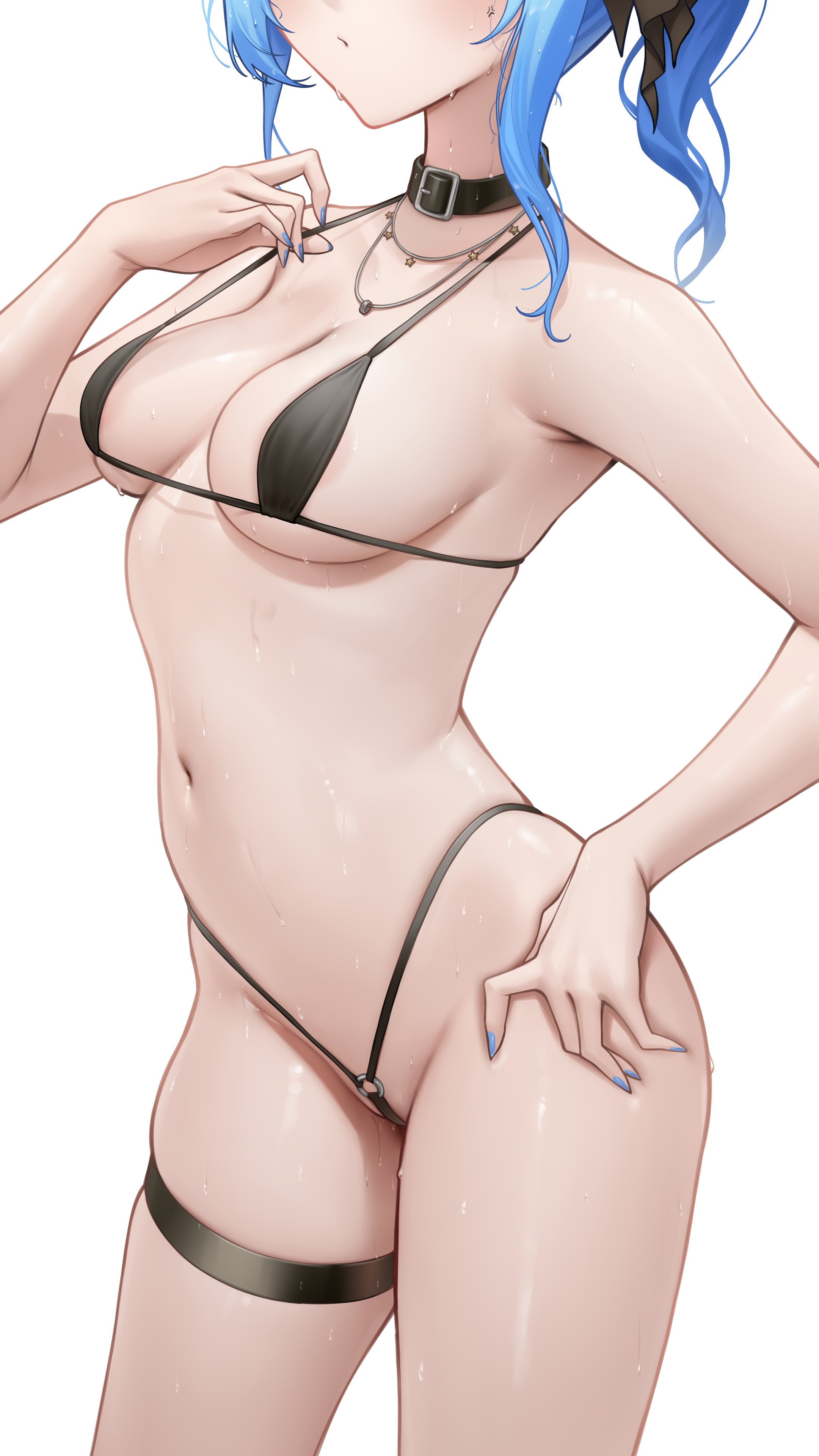 1girl, absurdres, alternate breast size, alternate breast size (larger), belt collar, bikini, black bikini, blue hair, breasts, collar, eyes out of frame, head out of frame, highres, hololive, hoshimachi suisei, jewelry, medium breasts, micro bikini, navel, necklace, paid reward available, sideboob, simple background, skindentation, solo, somebody (leiking00), stomach, sweat, swimsuit, thigh strap, underboob, virtual youtuber, white background