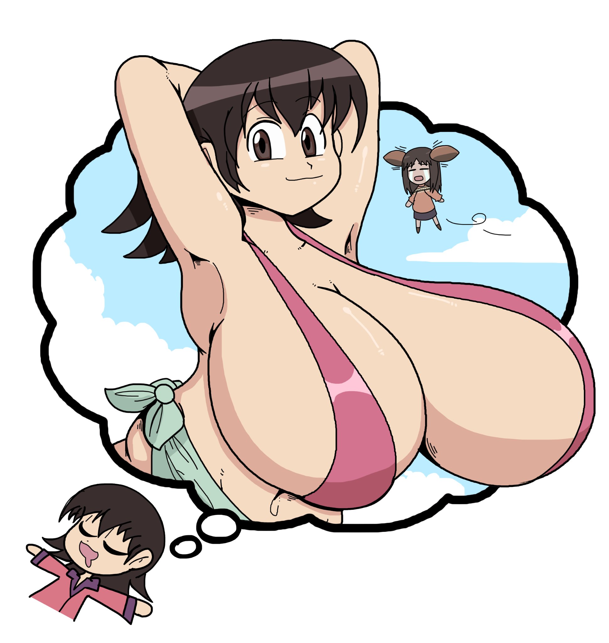 2d, 2d (artwork), 2d art, 2d artwork, alternate breast size, armpits, arms behind head, arms up, azumanga daiou, background character, big boobs, big breasts, boobs, boobs bigger than head, breasts, breasts bigger than head, brown eyes, brown hair, chibi, digital art, digital drawing, digital drawing (artwork), digital media, digital media (artwork), dream, dreaming, huge boobs, huge breasts, large boobs, large breasts, massive boobs, massive breasts, matching hair/eyes, pink clothing, pink pajamas, pink topwear, poopishness, sleeping, sling top, swimsuit, swimwear, tagme, thought bubble, tits, tits bigger than head, tomo takino