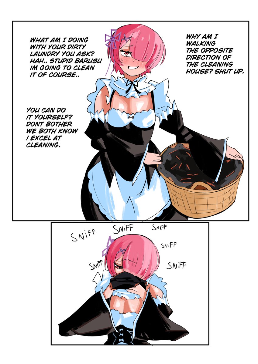 blush, blushing, comic, english text, female pervert, laundry, maid, maid uniform, natsuki subaru, pink hair, ram (re:zero), re:zero kara hajimeru isekai seikatsu, shockerdoc5261, sniffing, sniffing clothes, text