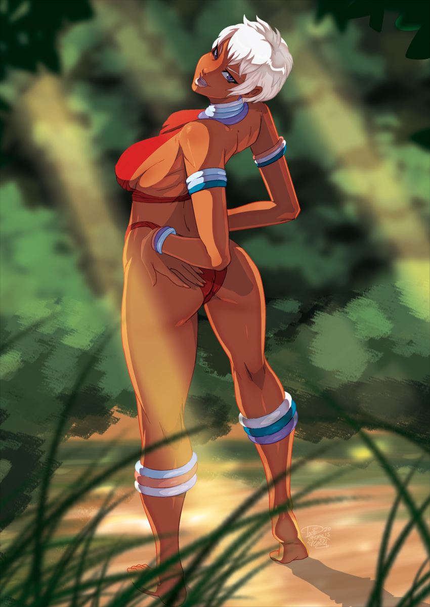 1girls, ass, blue eyes, breasts, capcom, dark skin, dark-skinned female, elena (street fighter), female, female focus, female only, huge ass, huge breasts, pinup, short hair, solo, street fighter, thighs, tovio rogers, voluptuous, white hair