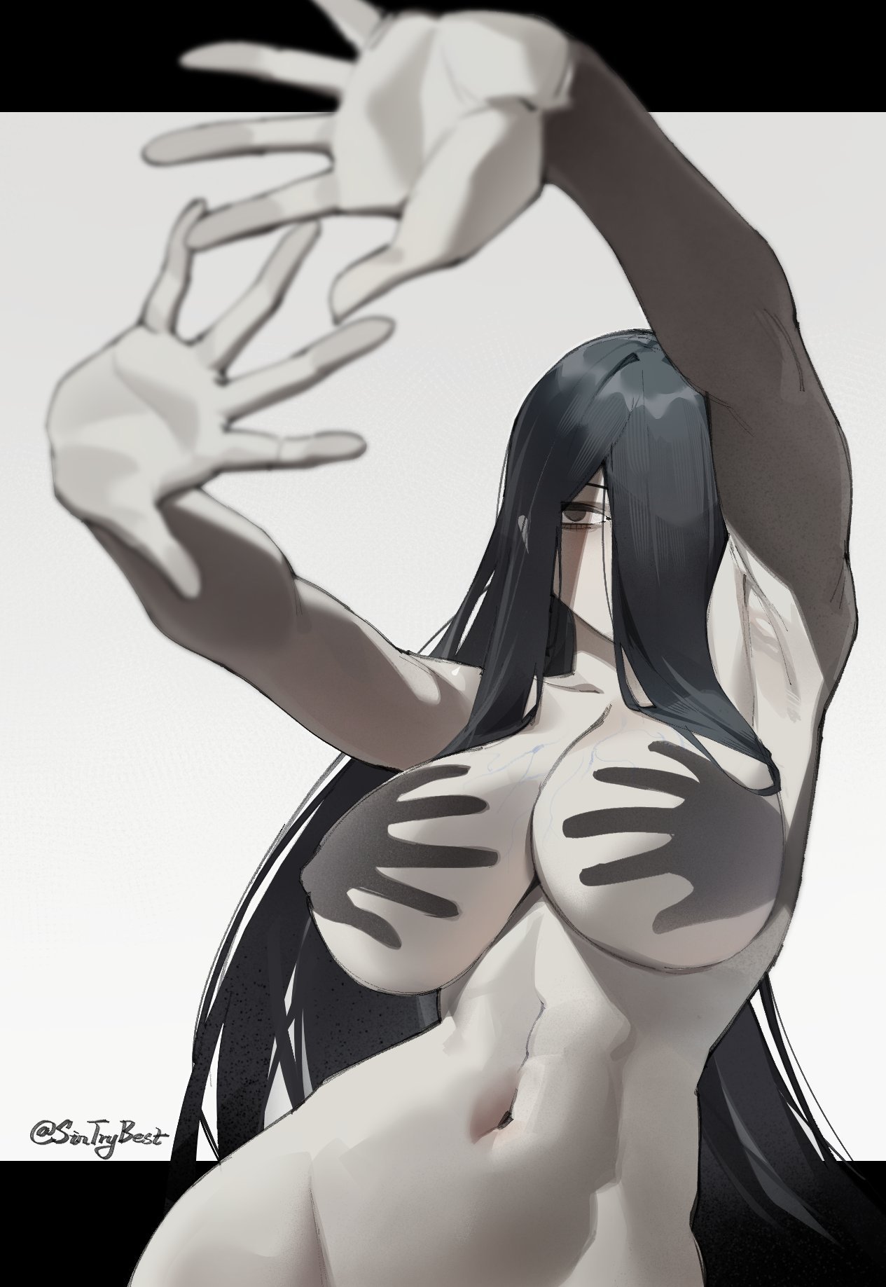 1girls, asian, asian female, big breasts, black hair, black-haired female, breasts, completely naked, completely naked female, completely nude, completely nude female, female, female only, grey body, grey skin, grey-skinned female, hand shadow covering breasts (meme), long hair, naked, nude, sadako yamamura, sintrybest, the ring, yamamura sadako