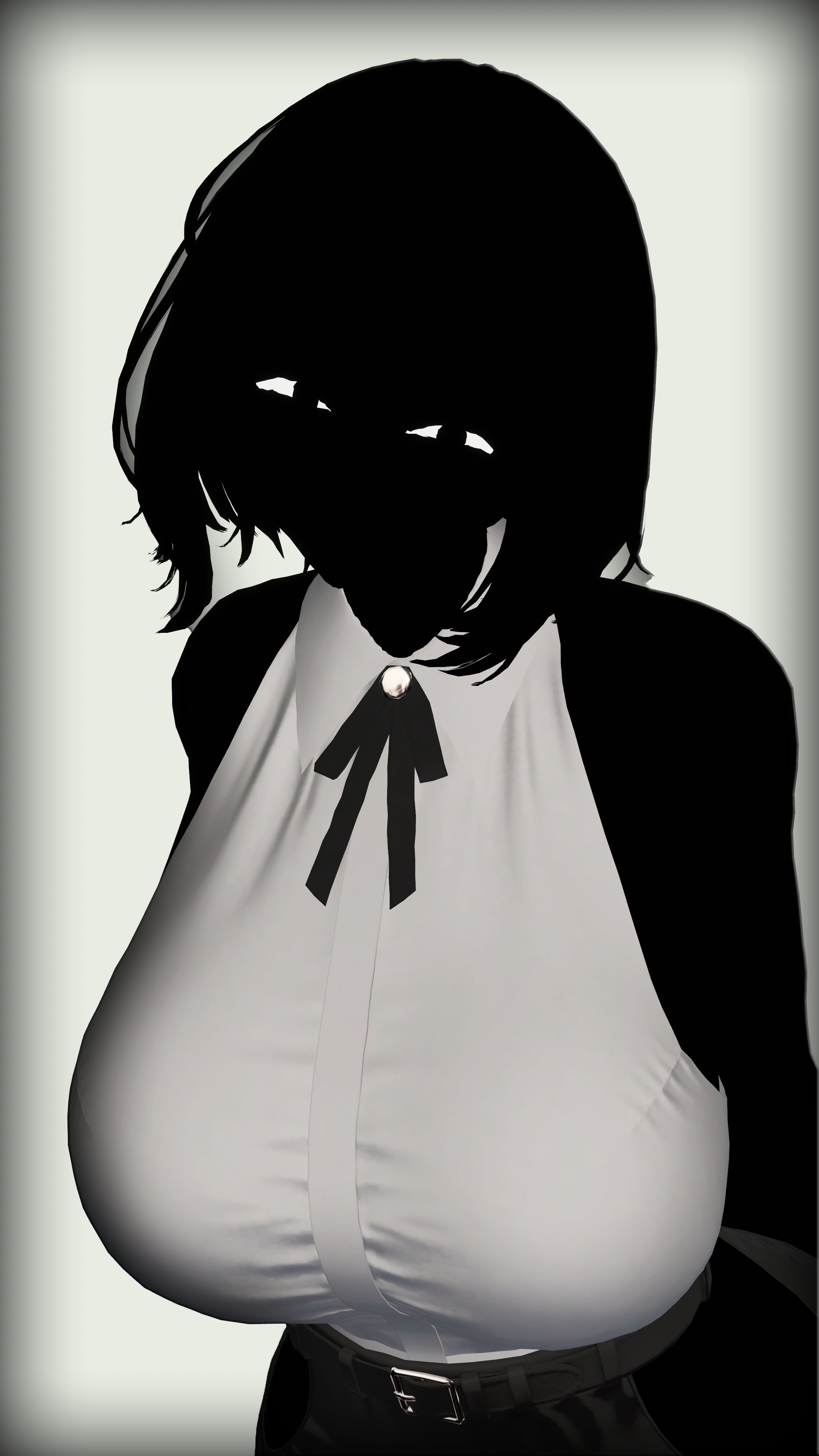 big boobs, big breasts, black body, black eyes, black hair, black skin, breasts, entity, female, huge boobs, huge tits, humanoid, monster, nate hand gesture, shirt, staring, staring at viewer, tagme, tie, tits, void, white shirt