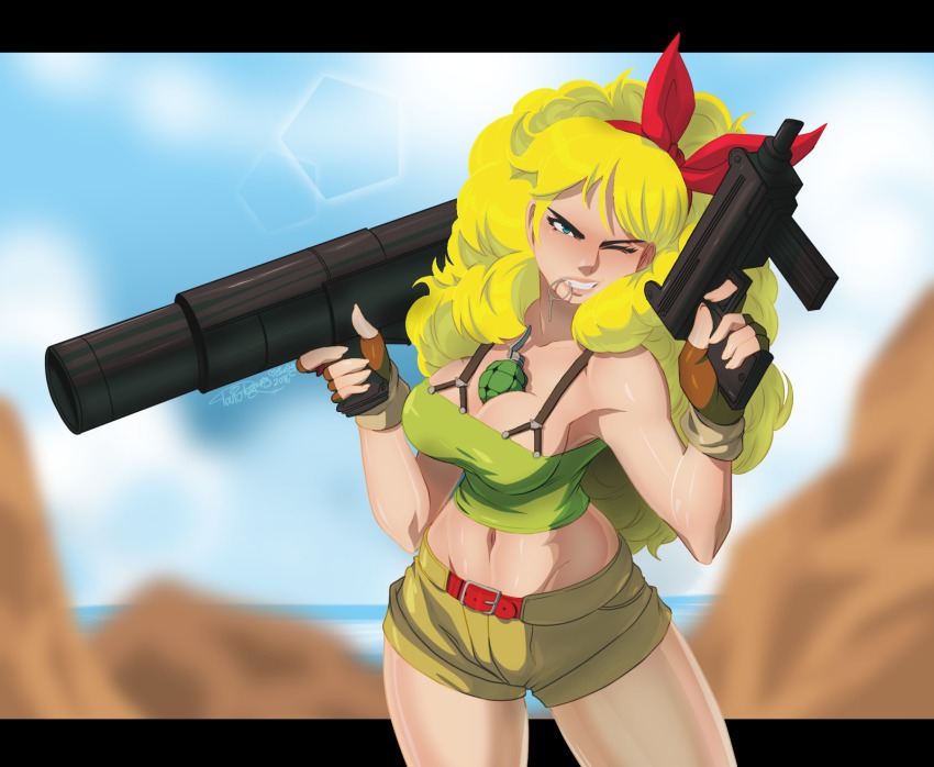 1girls, angry, bad launch, blonde hair, dragon ball, dragon ball (classic), female, female only, firearm, grenade, gun, guns, handgun, launch, lunch (dragon ball), machine gun, machine pistol, rocket launcher, solo, submachine gun, tovio rogers, voluptuous, weapon