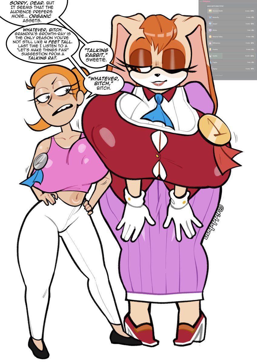 2girls alternate_breast_size anthro ass big_ass big_breasts big_nipples breasts breasts_bigger_than_head cartoony english_text fat_ass female furry furry_female huge_areolae huge_ass huge_breasts human human_female hyper hyper_breasts large_breasts mature_female orange_hair pants rabbit rick_and_morty sega smile sonic_(series) summer_smith tiddybaa_(artist) twitter_link vanilla_the_rabbit