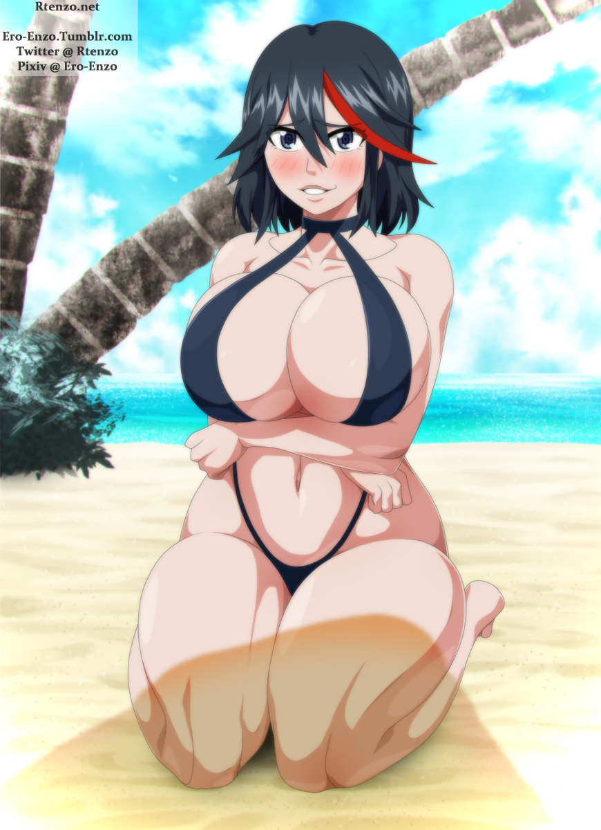 1girls, alternate version available, bare shoulders, barefoot, beach, big breasts, bikini, black hair, blue eyes, blush, breasts, busty, cleavage, curvy, detailed background, ero-enzo, female, female only, front view, hourglass figure, human, kill la kill, kneeling, matoi ryuuko, navel, one-piece swimsuit, pose, posing, red hair, rtenzo, sand, shiny, shiny skin, short hair, solo, swimsuit, thick thighs, tree, two-tone hair, voluptuous