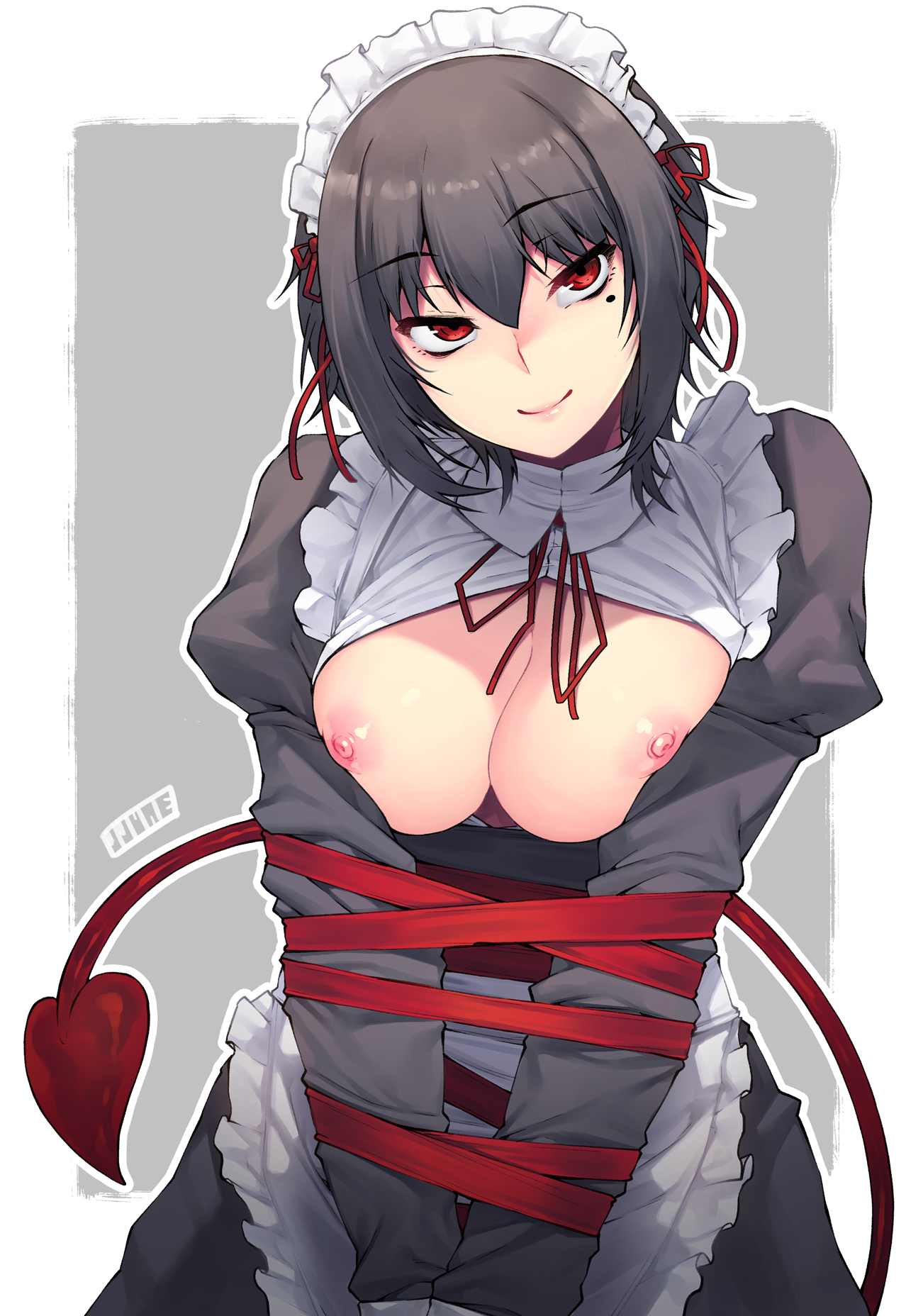 1girls, alternate eye color, apron, artist name, bangs, black hair, bound, breast squeeze, breasts, breasts out, closed mouth, demon tail, dress, eyebrows visible through hair, female, female only, frilled apron, frills, hair between eyes, hair ribbon, highres, jjune, juliet sleeves, lips, long sleeves, looking at viewer, maid, maid apron, maid headdress, medium breasts, mole, mole under eye, nipples, no bra, open clothes, open dress, original, outside border, pink lips, puffy sleeves, red eyes, red ribbon, restrained, ribbon, rumi morimiya, short hair, smile, solo, standing, tail, tied up, upper body, white apron
