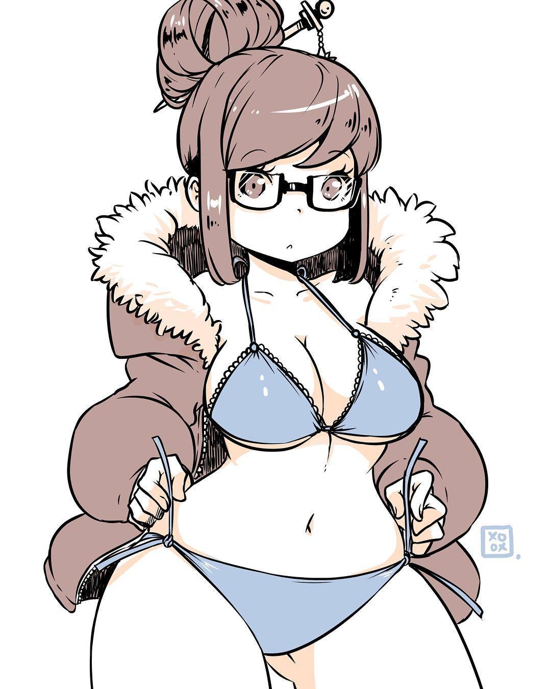 1girls, bikini, female, female only, glasses, kenron toqueen, mei (overwatch), open coat, overwatch, solo