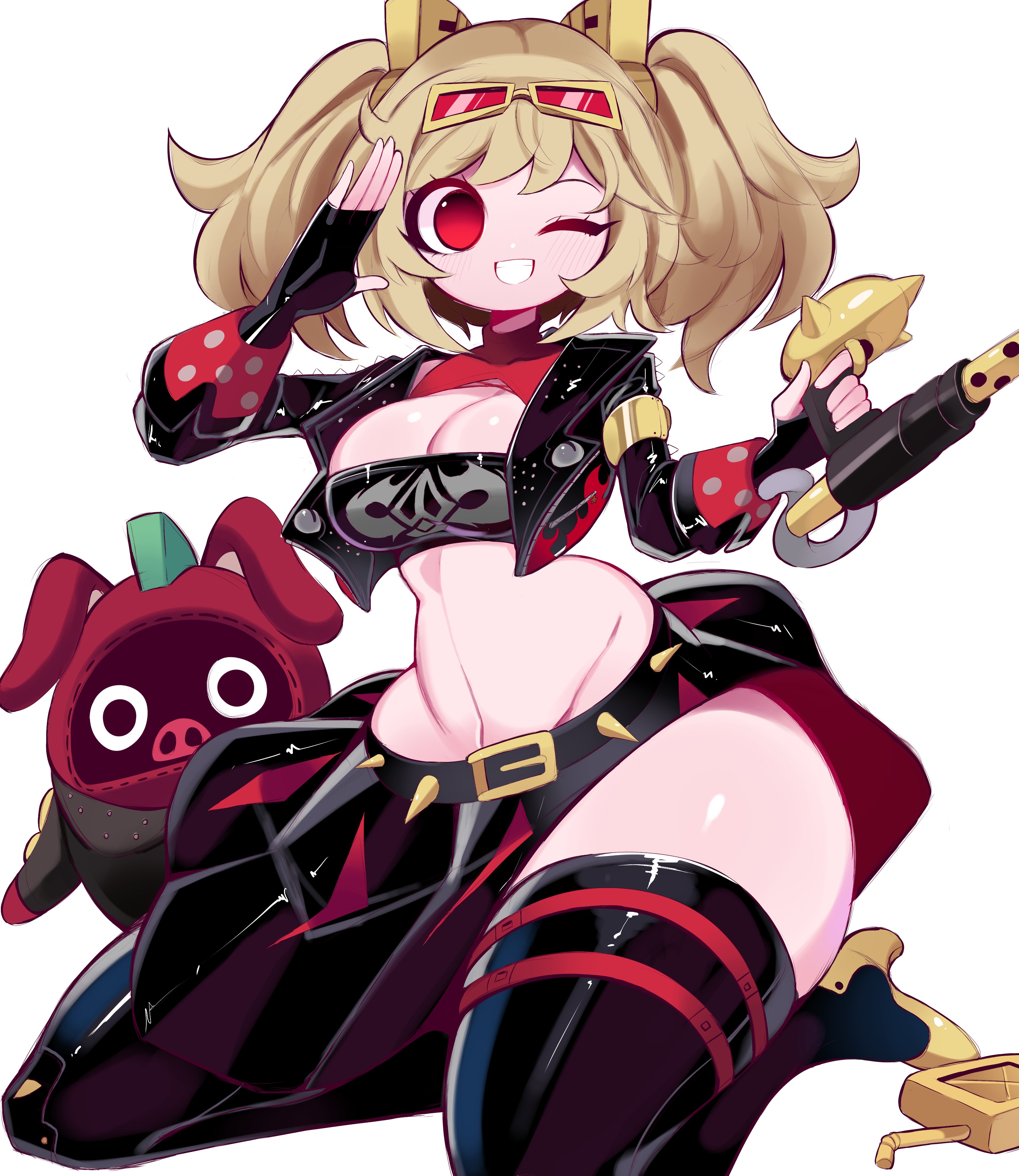 bangboo (zenless zone zero), big breasts, blush, bottom heavy, burnice white, cleavage, curvy, gigantic ass, holding firearm, huge breasts, hyper ass, kneeling, one eye closed, red moccus (zenless zone zero), reinsleif, rox hoxten, salute, smile, thick thighs, voluptuous, wide hips, zenless zone zero