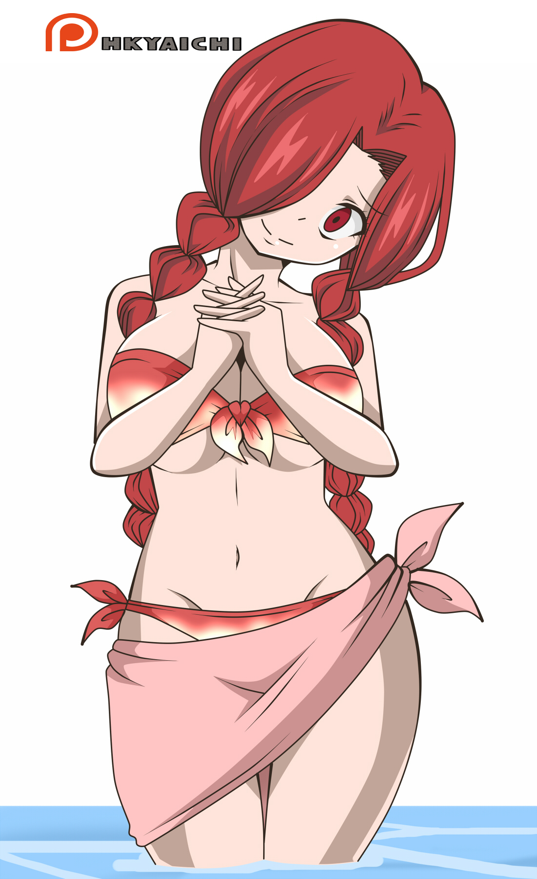 1girls, bikini, fairy tail, female, flare corona, hkyaichi, long red hair, looking at viewer, panties, red eyes, red hair, red-haired female, solo, water