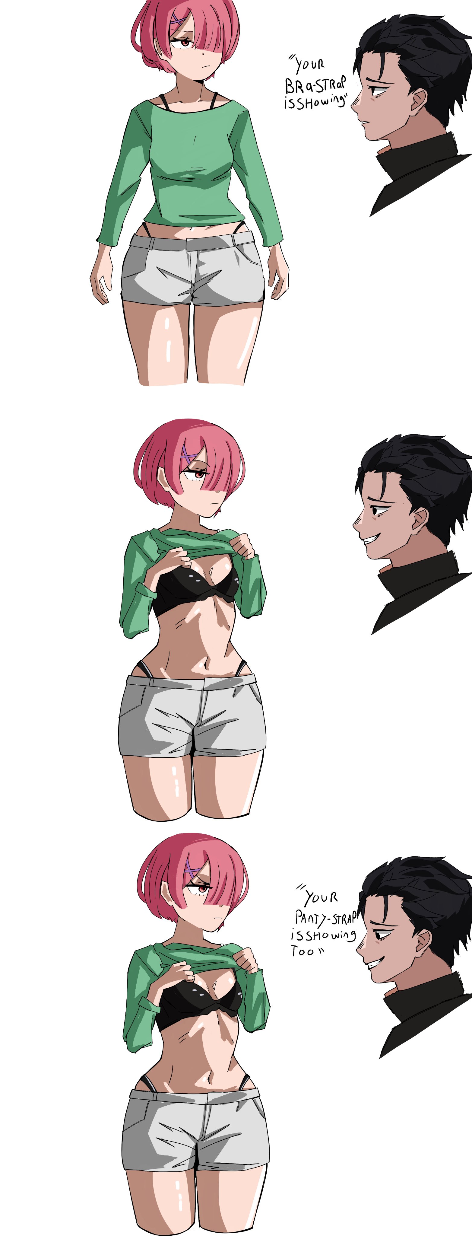 bra, bra strap, bra strap is showing (meme), meme, meme reference, natsuki subaru, panty straps, ram (re:zero), re:zero kara hajimeru isekai seikatsu, revealing clothes, shockerdoc5261, short shorts, underwear