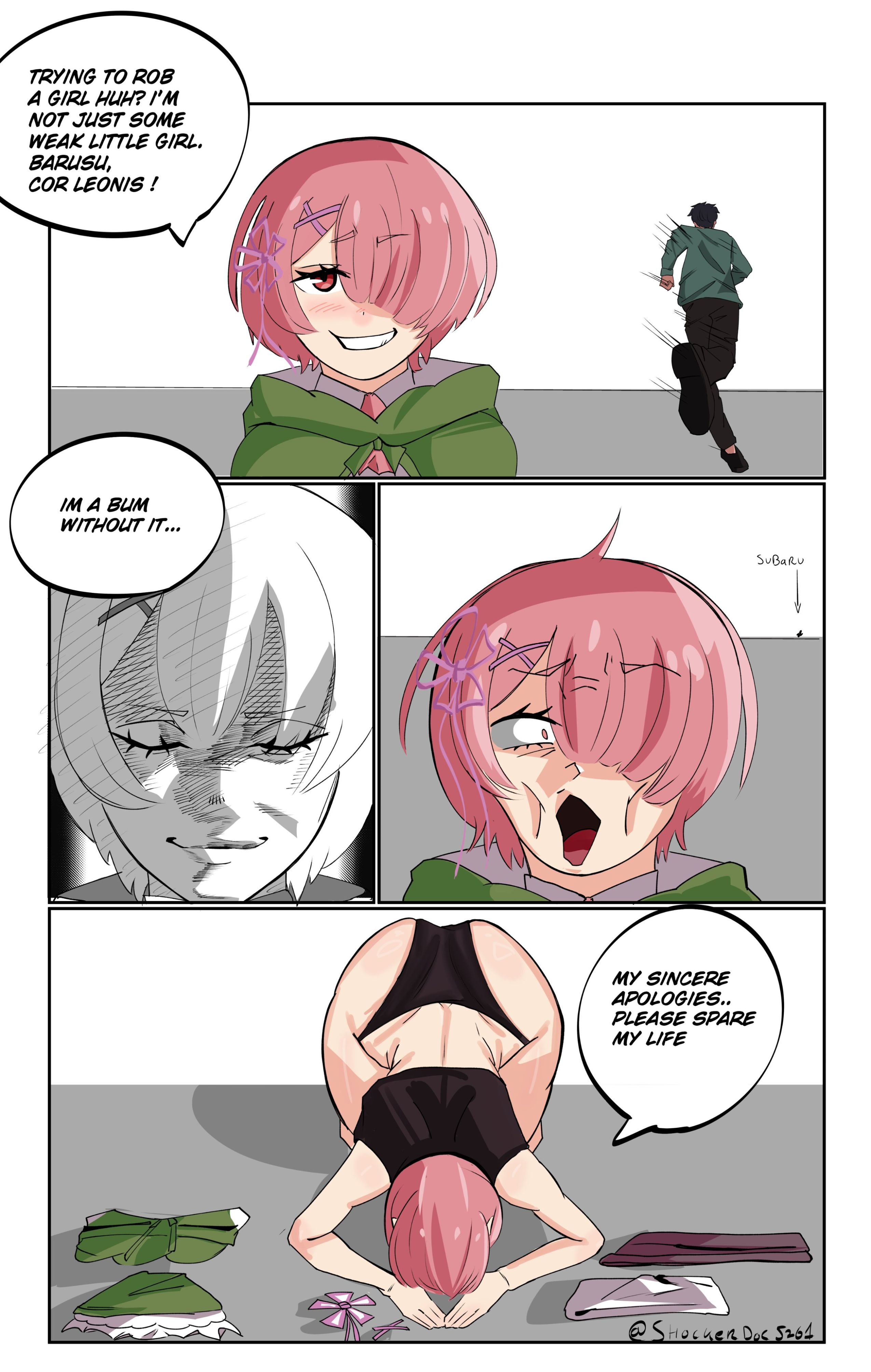 2d, child bearing hips, dogeza, dumptruck ass, english text, folded clothes, hi res, humiliation, humor, instant loss 2koma, kneeling, large ass, natsuki subaru, panties, ram (re:zero), re:zero kara hajimeru isekai seikatsu, right to left, shockerdoc5261, slander, tagme, text, underwear