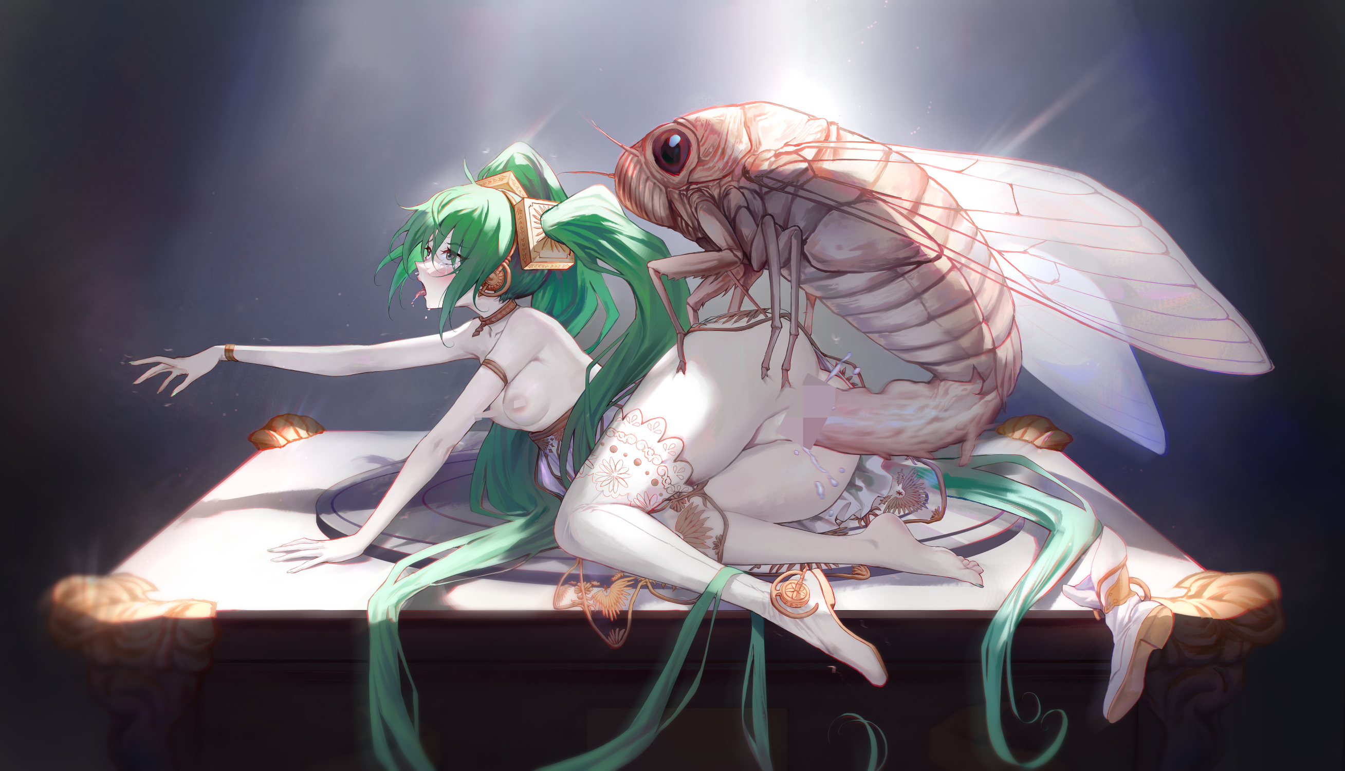 animal, beastiality, censored, censored pussy, cock, dick, doggy, doggy position, doggy style, doggy style position, doggy style sex, doggystyle, doggystyle position, feral, genitals, green hair, green hair female, hatsune miku, insects, mosaic censoring, mymdsj, penis, qisu, sex, twintails, vocaloid