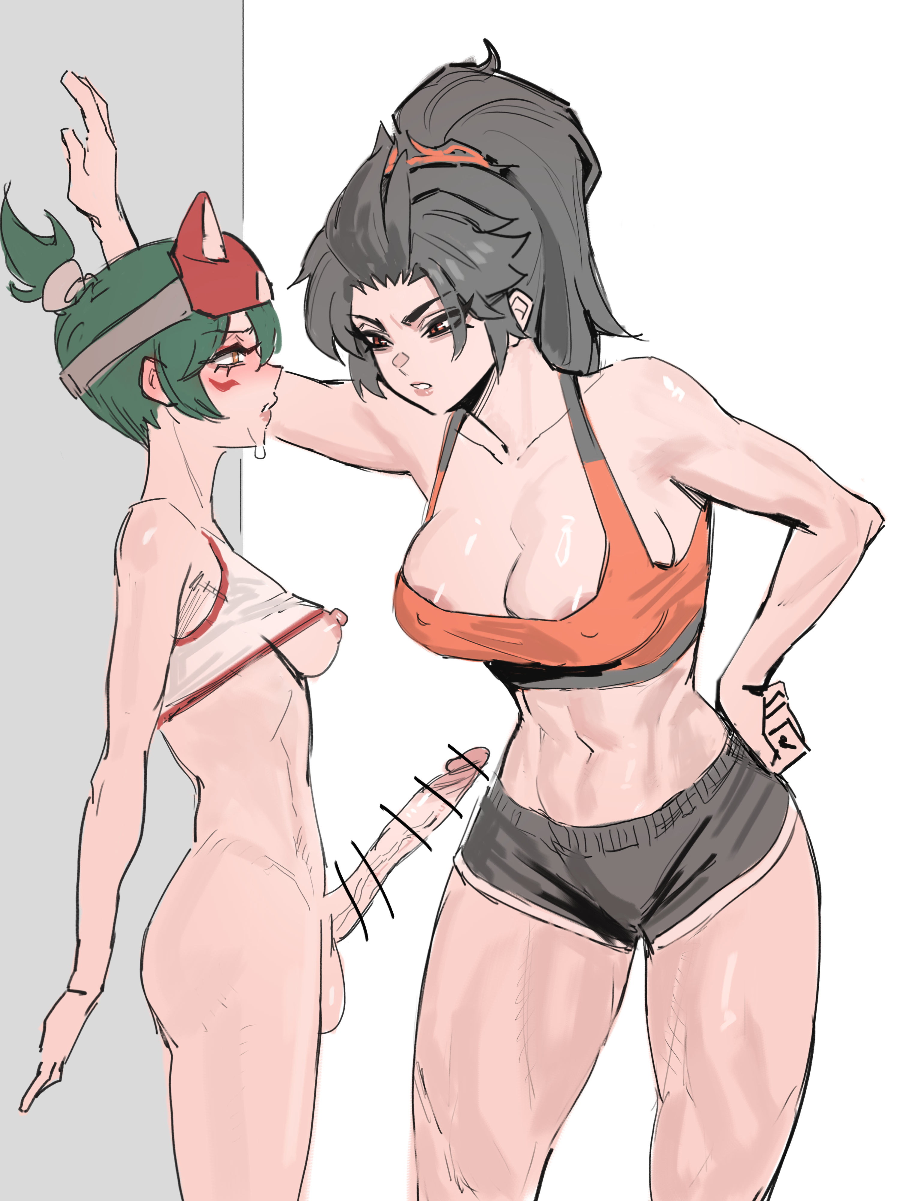 anran, areola slip, bottomless, censored, female, futanari, huge breasts, kiriko (overwatch), larger female, ookiniku, overweight, penis, size difference, sports bra, sportswear