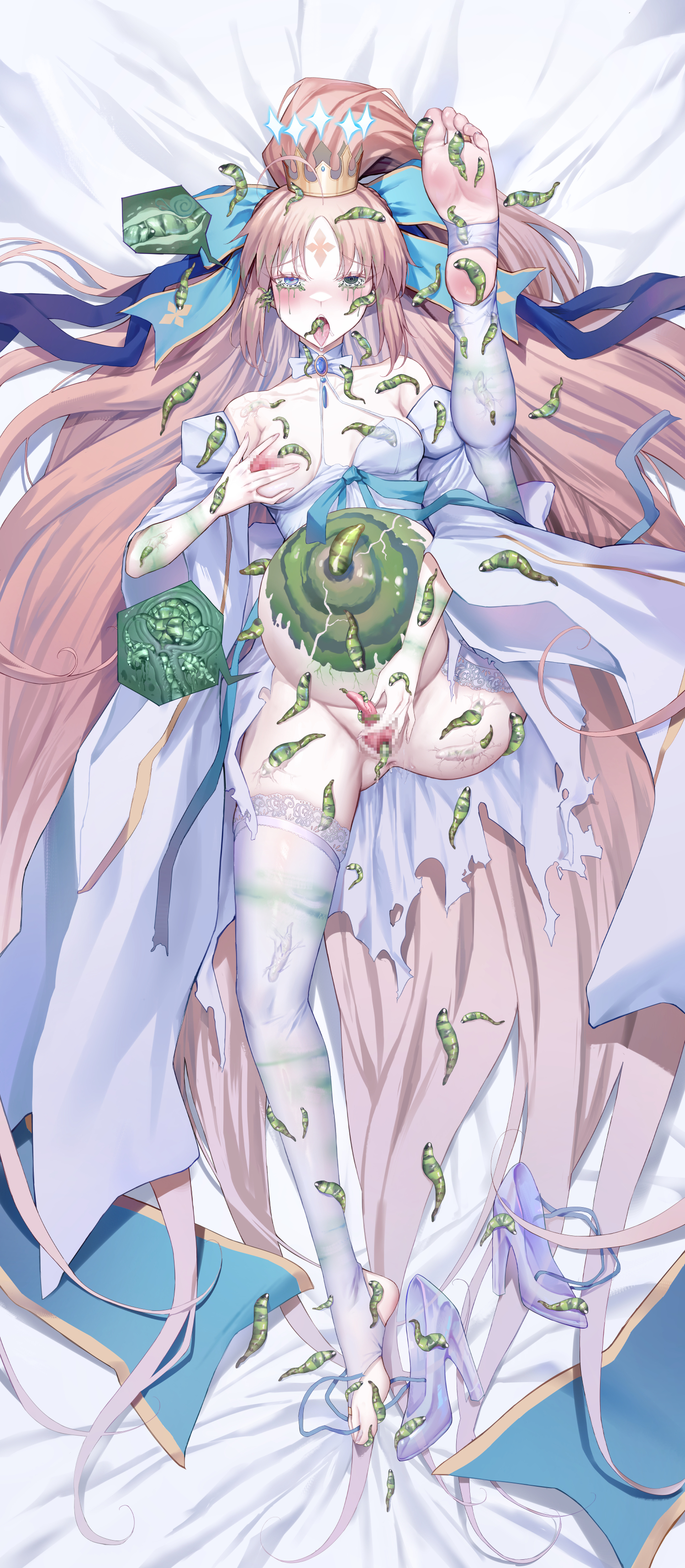 1girls, artoria caster (fate), censored, censored nipples, censored pussy, fate (series), female, infestation, insects, leucochloridium paradoxum, long hair, long hair female, mosaic censoring, mymdsj, no bra, no panties, one leg up, parasite, qisu, thick thighs, thighs, woman