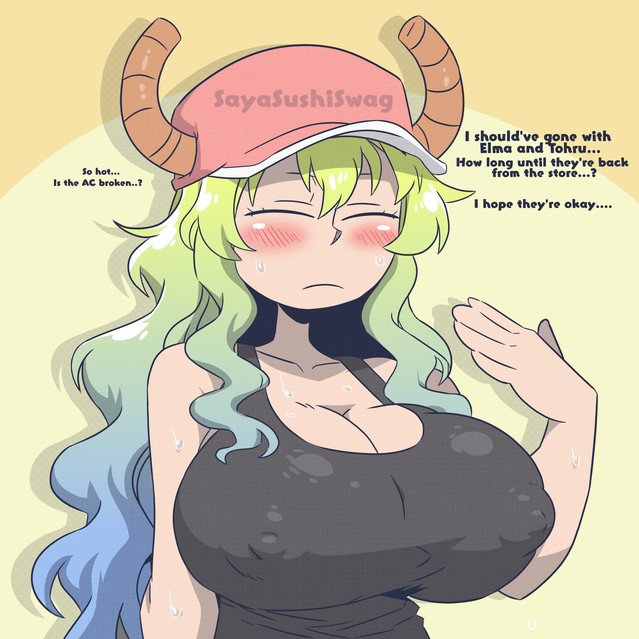 1girls, artist signature, big boobs, big breasts, blonde hair, blue hair, blush, blush lines, blushing, boobs, breasts, closed eyes, clothing, dragon, dragon girl, dragon horns, hat, heat, horns, huge boobs, huge breasts, kobayashi-san chi no maidragon, lucoa, lucoa (maidragon), milf, miss kobayashi's dragon maid, multicolored hair, nipple bulge, quetzalcoatl (dragon maid), sayasushiswag, simple background, sweat, sweatdrop, sweaty, white skin
