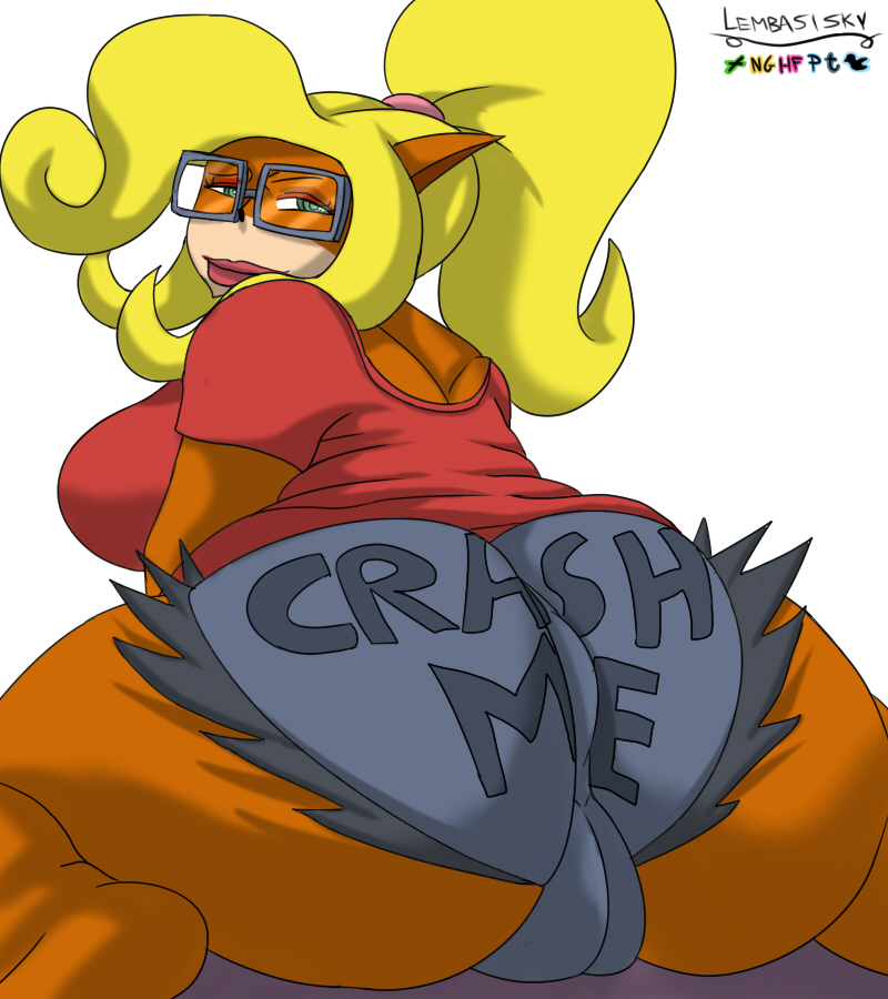 anthro ass big_ass big_breasts big_butt bimbo breasts bubble_butt busty cameltoe coco_bandicoot crash_bandicoot_(series) female glasses huge_ass hyper_bimbo lenbasisky looking_back marsupial raised_eyebrow sideboob smiling solo