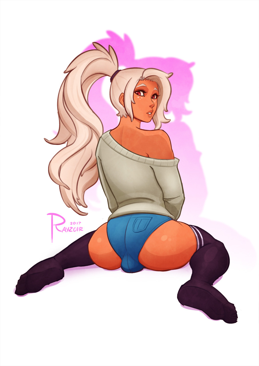 1boy, ass, blonde hair, bulge, femboy, freckles, girly, long ponytail, male, original character, ponytail, rayzoir, red eyes, shorts, solo, thighhighs, trap, wariza