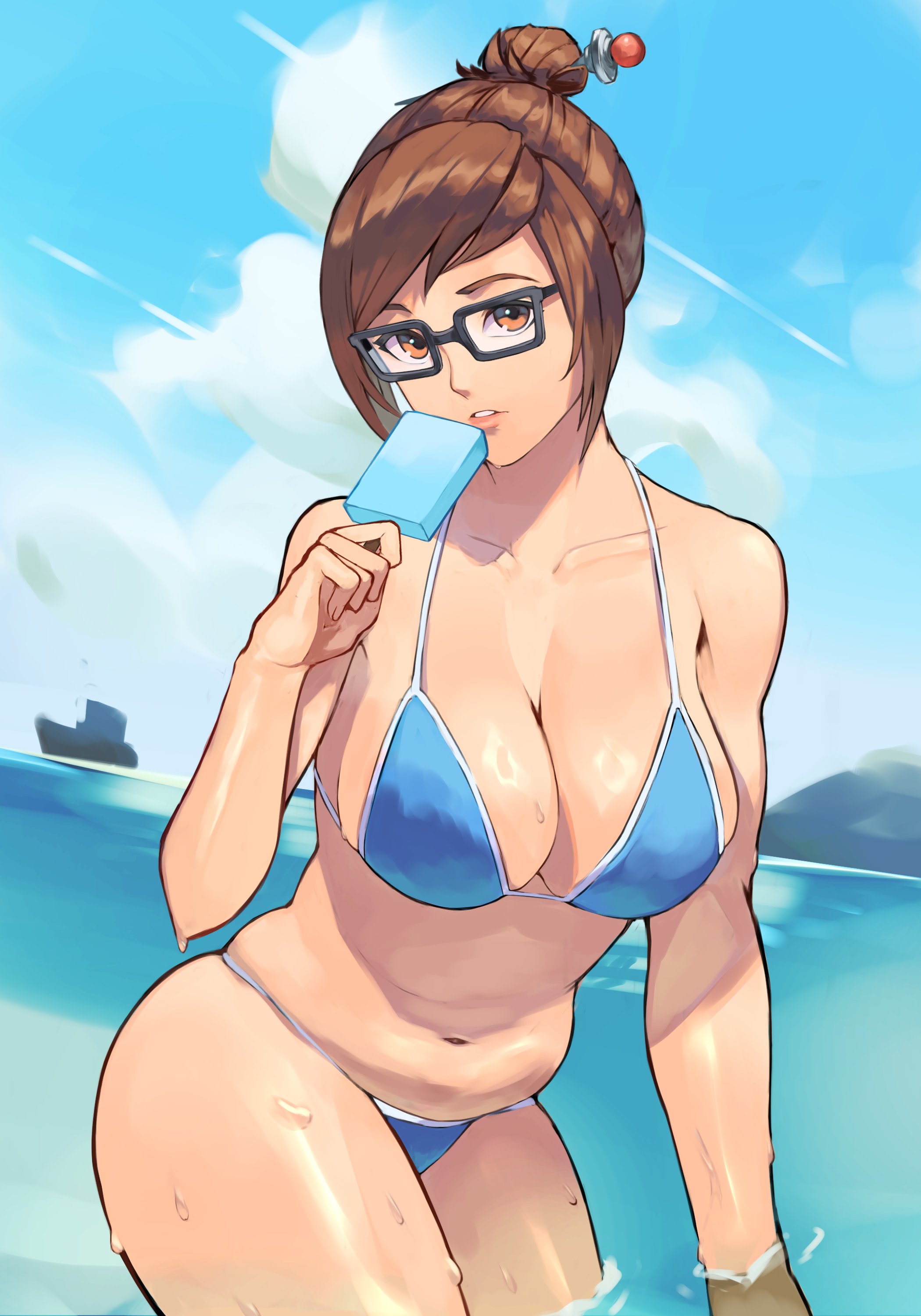 1girl, absurdres, activision, artist request, big breasts, bikini, blizzard entertainment, blue bikini, blue swimsuit, breasts, brown eyes, brown hair, chubby, chubby female, cleavage, collarbone, commentary request, food, glasses, hair bun, hair ornament, hair stick, hair up, highres, holding, holding food, holding popsicle, large breasts, mei (overwatch), mei ling zhou, mei-ling zhou, overwatch, overwatch 2, plump, popsicle, single hair bun, solo, swept bangs, swimsuit, updo, wet