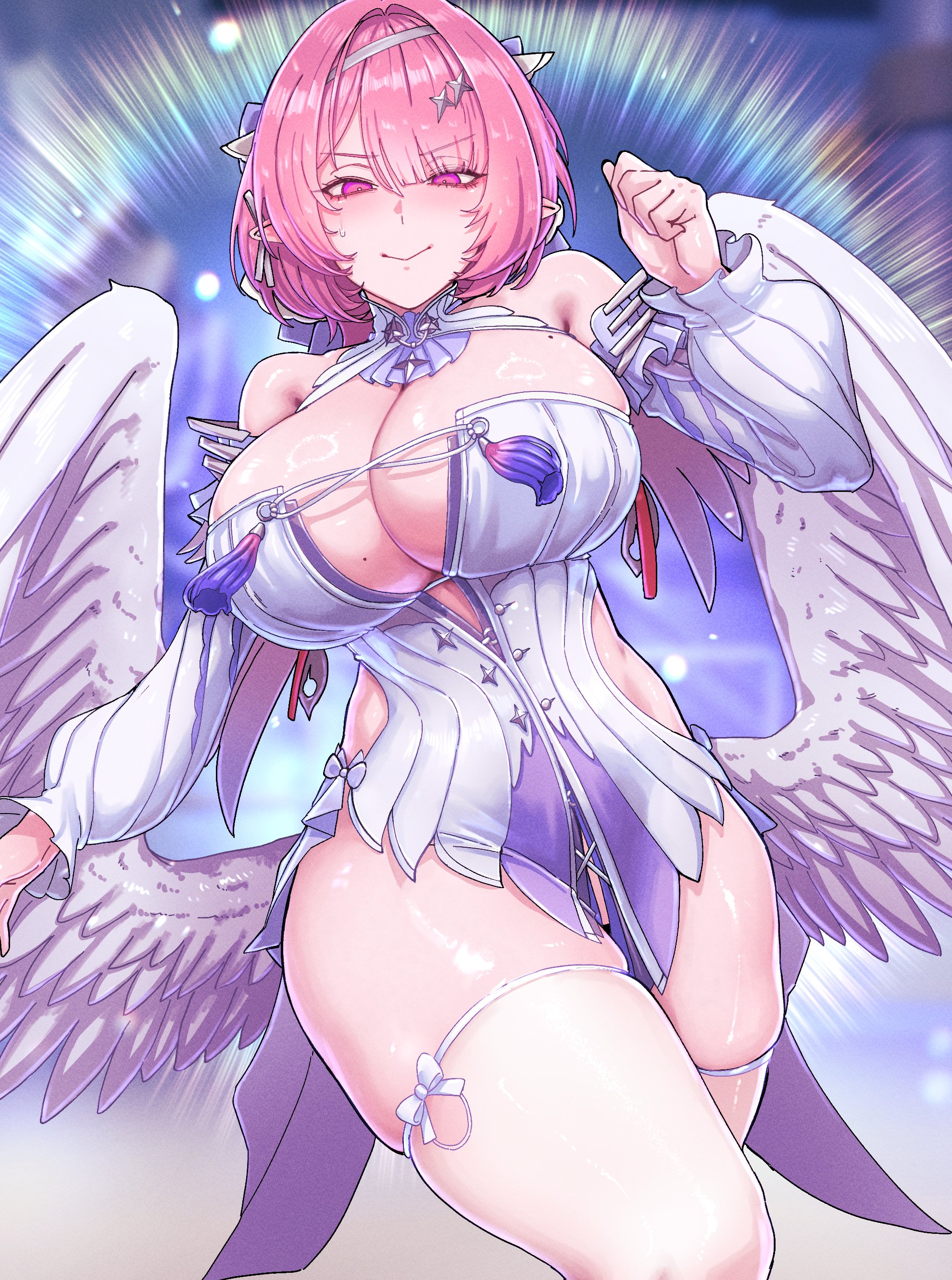 1girl, absurdres, bare shoulders, breasts, cleavage, cleavage cutout, clothing cutout, curvy, dress, feathered wings, hair intakes, highres, horori (halloweenday309), huge breasts, medium hair, mole, mole on breast, mole on chest, multiple moles, pink eyes, pink hair, pointy ears, remielle dan, short hair, sideless dress, solo, sweatdrop, thick thighs, thighhighs, thighs, white dress, white thighhighs, white wings, wings, wolf cut, zenless zone zero