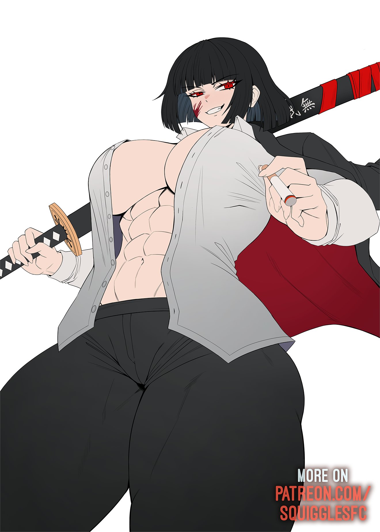 1girls, abs, alternate breast size, big ass, big breasts, blood on face, blood stain, cigarette, female focus, female only, flat colors, jeans, limbus company, muscular, muscular female, project moon, red eyes, ryoshu (limbus company), seductive, seductive smile, short hair, solo, solo female, solo focus, squigglesfc, sword, thick thighs, unbuttoned, unbuttoned shirt, white background, wide hips