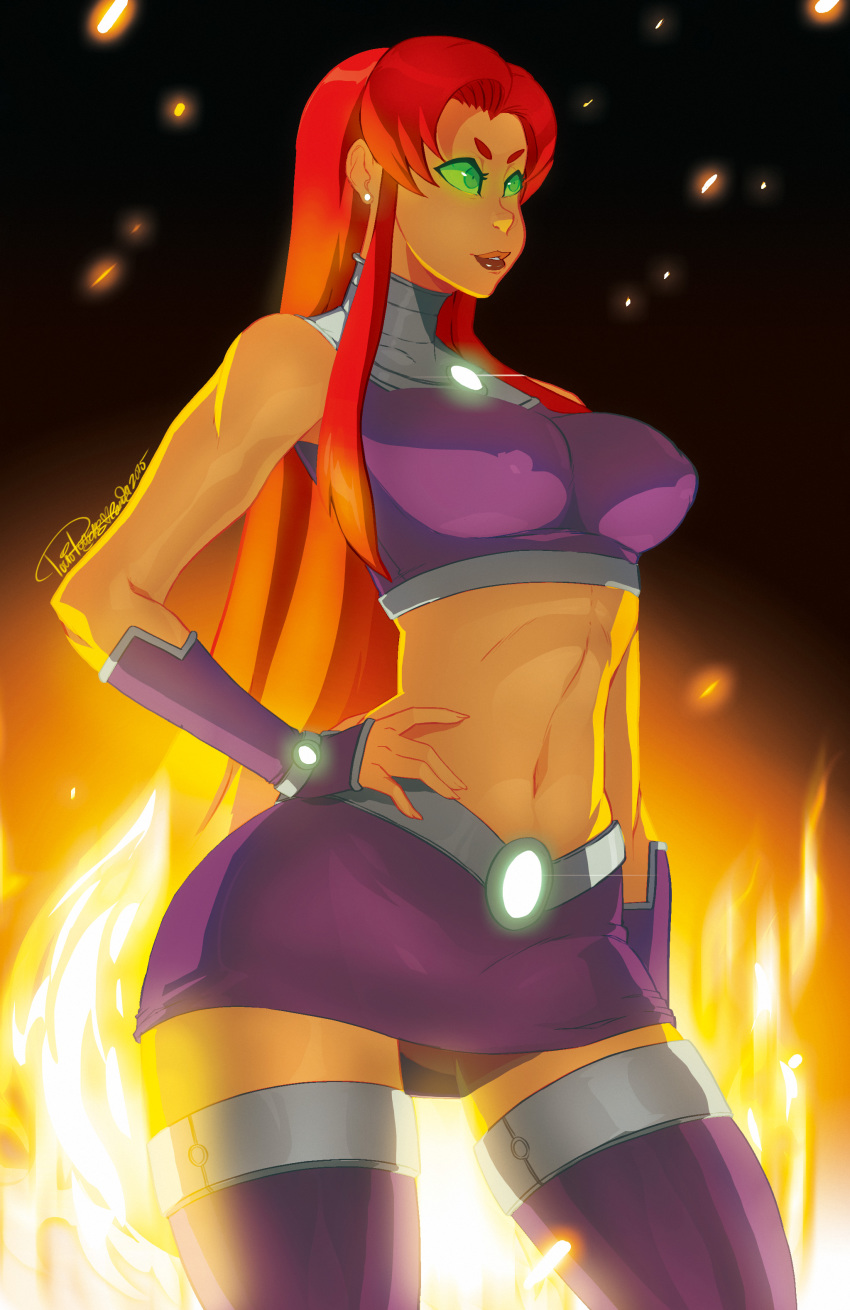1girls, beltskirt, dc, dc comics, female, female only, hand on hip, leaning, purple skirt, skirt, solo, standing, starfire, teen titans, tovio rogers, voluptuous