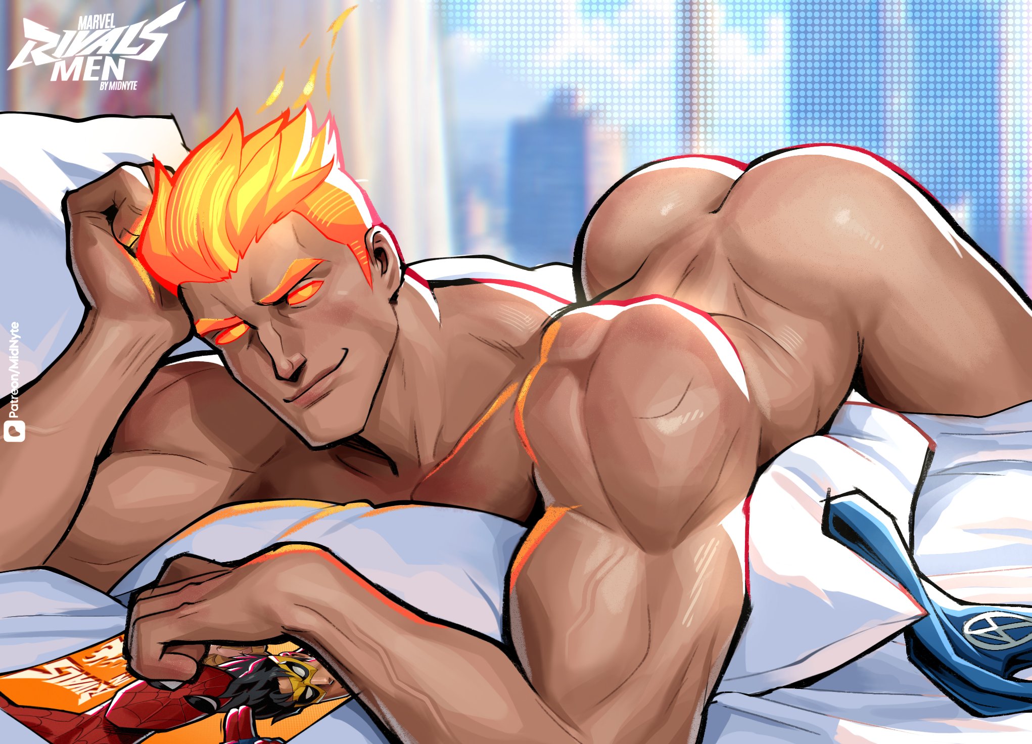 1boy, 2d, 2d (artwork), 2d artwork, ass, ass bigger than head, ass focus, ass up, athletic, athletic body, athletic male, bara, big ass, big ass (male), big butt, big butt (male), blonde hair, blonde male, blonde-haired male, blue underwear, bubble ass, bubble ass (male), bubble butt, bubble butt (male), butt, butt focus, completely nude, completely nude male, doggy position, face down ass up, fantastic four, fire, fire head, gay, gay male, high resolution, highres, himbo, homoerotic, human torch, human torch (marvel rivals), johnny storm, male, male focus, male only, marvel, marvel comics, marvel rivals, masculine, masculine gay, masculine male, midnyte, muscular, muscular arms, muscular ass, muscular back, muscular legs, muscular male, muscular thighs, no sex, nude, nude male, nytnyte, orange hair, orange-haired male, presenting, presenting ass, presenting butt, round ass, round butt, seductive, seductive body, seductive look, seductive male, seductive pose, showing ass, showing off ass, smile, smiling, smiling at viewer, solo, spider-man, superhero, thick, thick ass, thick butt, thick thighs, underwear, underwear only, video game character, video games, voluptuous, voluptuous body, voluptuous male, yaoi