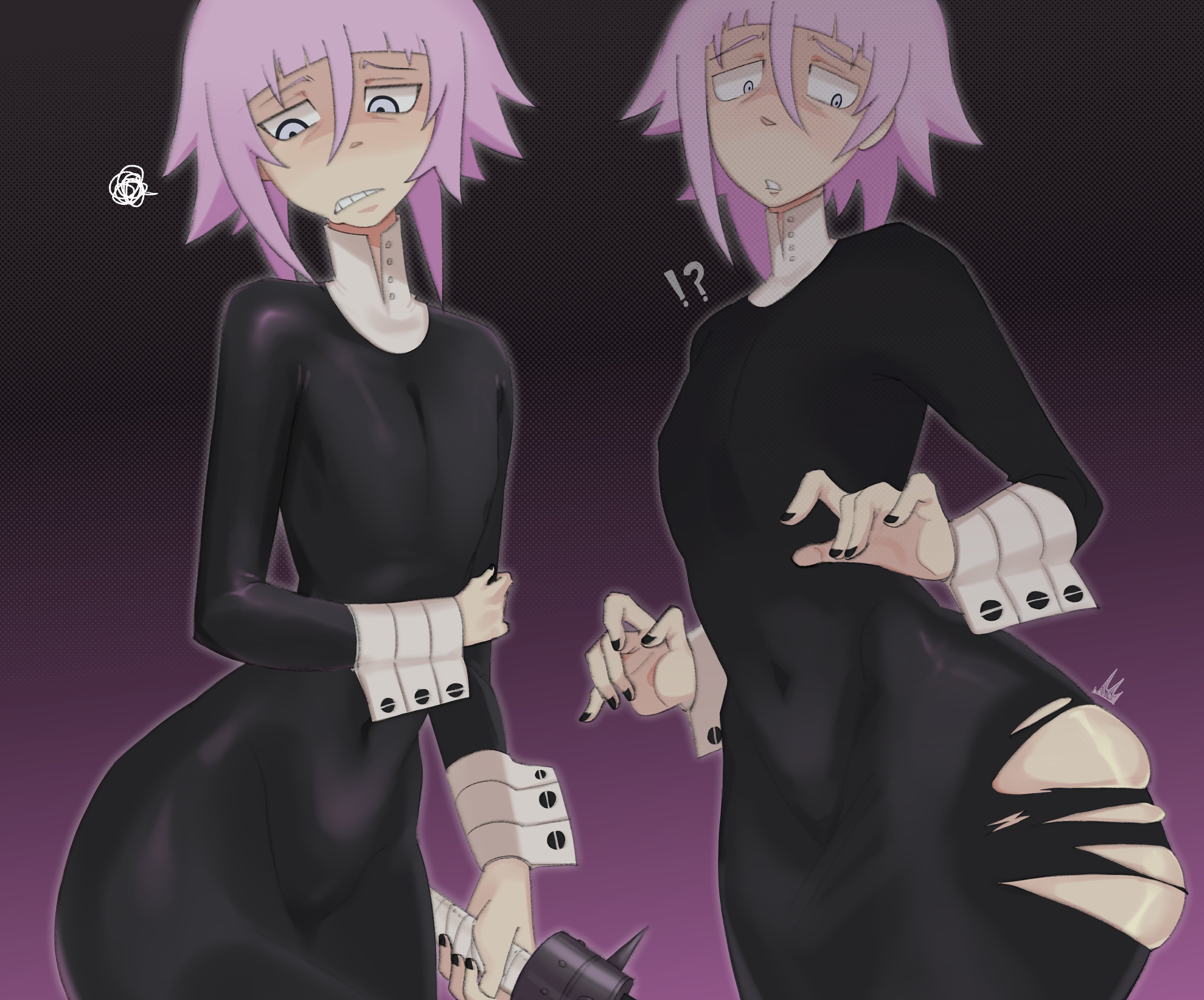 big ass, black clothing, black nails, bottom heavy, clothed, crona (soul eater), dress, flat chest, newsigridzboonx, purple eyes, purple hair, ripped clothing, soul eater, thick thighs, thight clothing, unknown gender