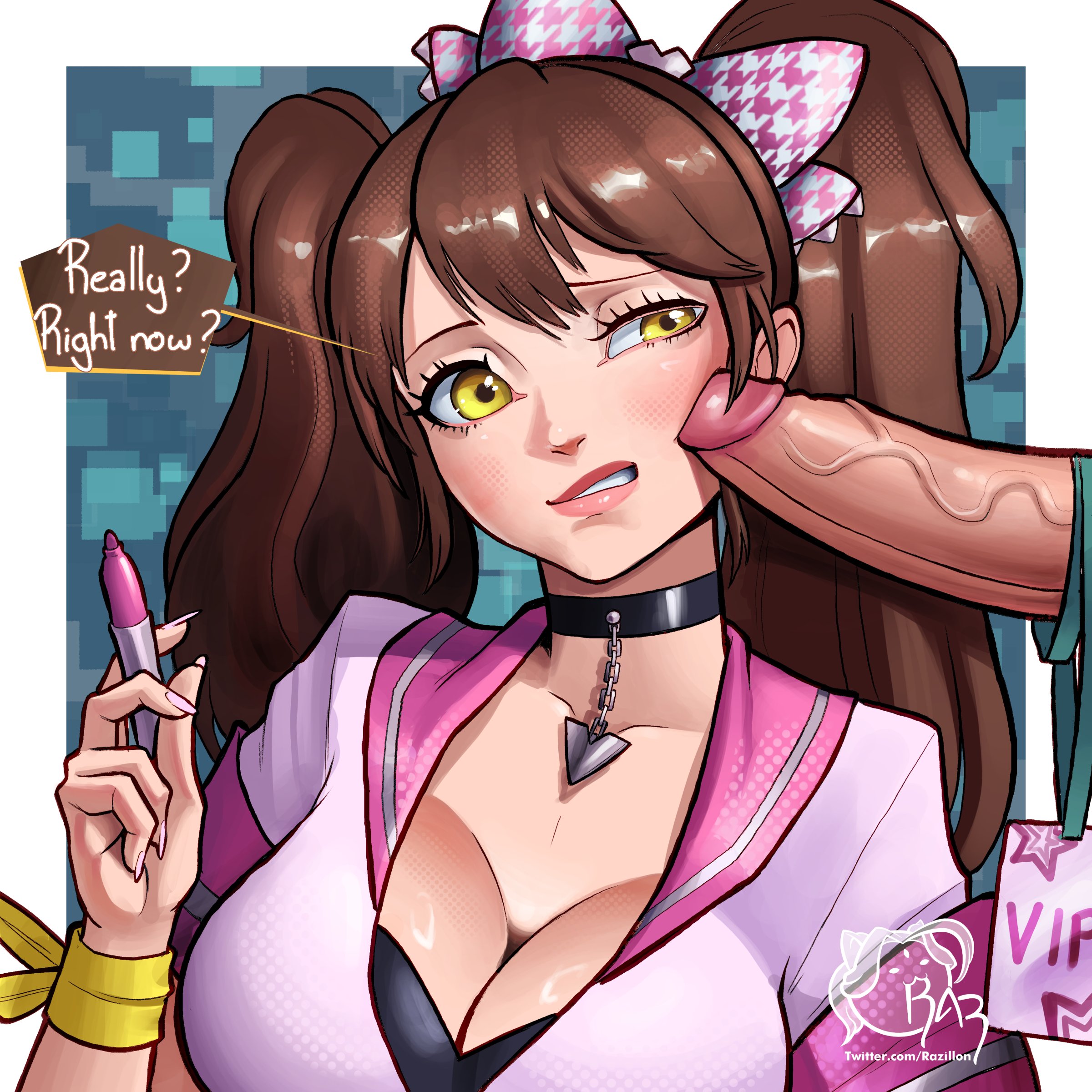 1boy, 1girls, 2026, 2d, annoyed, artist logo, atlus, big breasts, blush, blushing, blushing female, bow, breasts, brown hair, brown-haired female, cheek poking, cheek press, choker, circumcised, cleavage, cleavage cutout, clothed, clothed female, dialogue, english, english dialogue, female, female focus, hi res, human, human female, human male, human only, idol, kujikawa rise, kujikawa rise (dancewear), lanyard, light skin, light-skinned female, light-skinned male, male, one eye half-closed, partial male, pen, penis, penis against cheek, penis out, persona, persona 4, persona 4: dancing all night, public, public exposure, razillon, sega, speech bubble, straight, twintails, twitter username, upper body, veiny penis, yellow eyes, yellow-eyed female