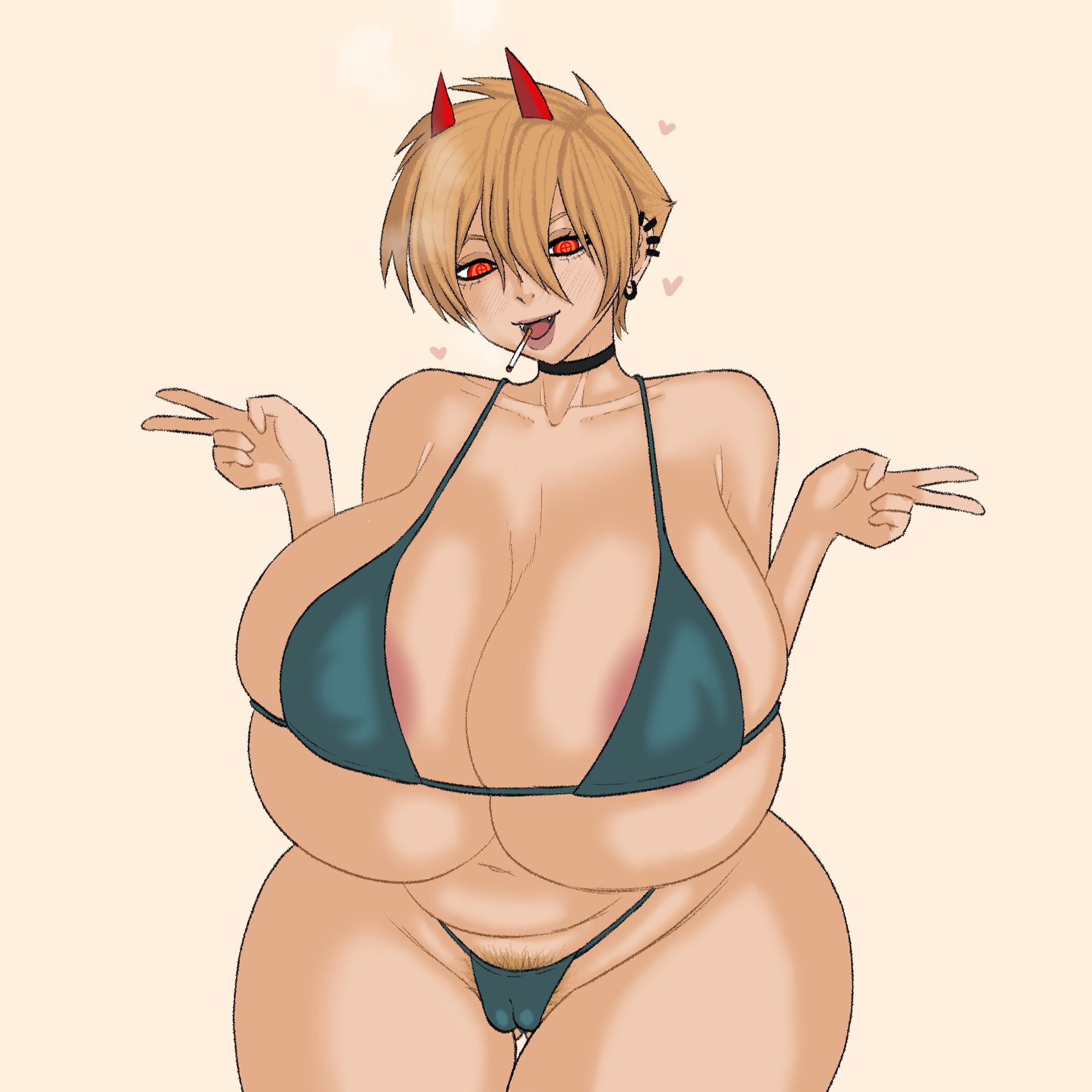 1girls, areola slip, big ass, bikini, chainsaw man, choker, cigarette, hairy pussy, heart, huge ass, large ass, large breasts, milf, partially visible vulva, peace sign, power (chainsaw man), short hair, truelordpotato
