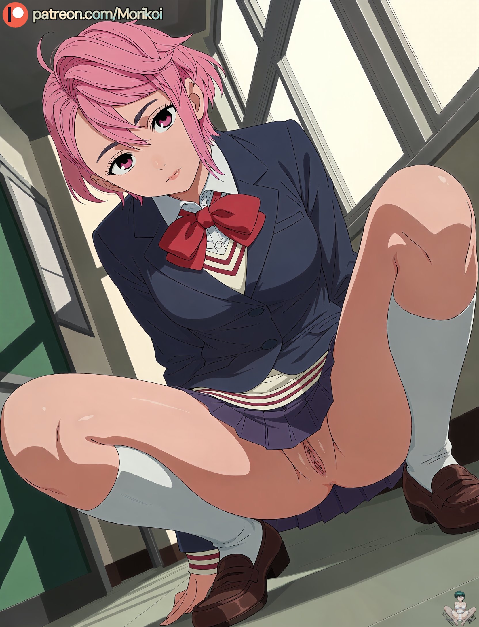 1girl, 1girls, ai generated, anime, anime coloring, ass, breasts, dandadan, female, female only, looking at viewer, morikoi, nude, nudity, pink hair, pussy, school, school uniform, shiratori aira (dandadan), solo, squatting
