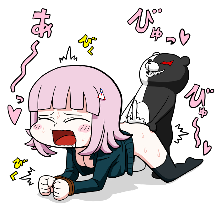 1boy 1girls blush bondage breasts chibi creampie cum cum_in_pussy cum_inside danganronpa danganronpa_2:_goodbye_despair doggy_style female from_behind male monokuma nanami_chiaki rape sex sex_from_behind thigh_highs thighhighs yama_batake