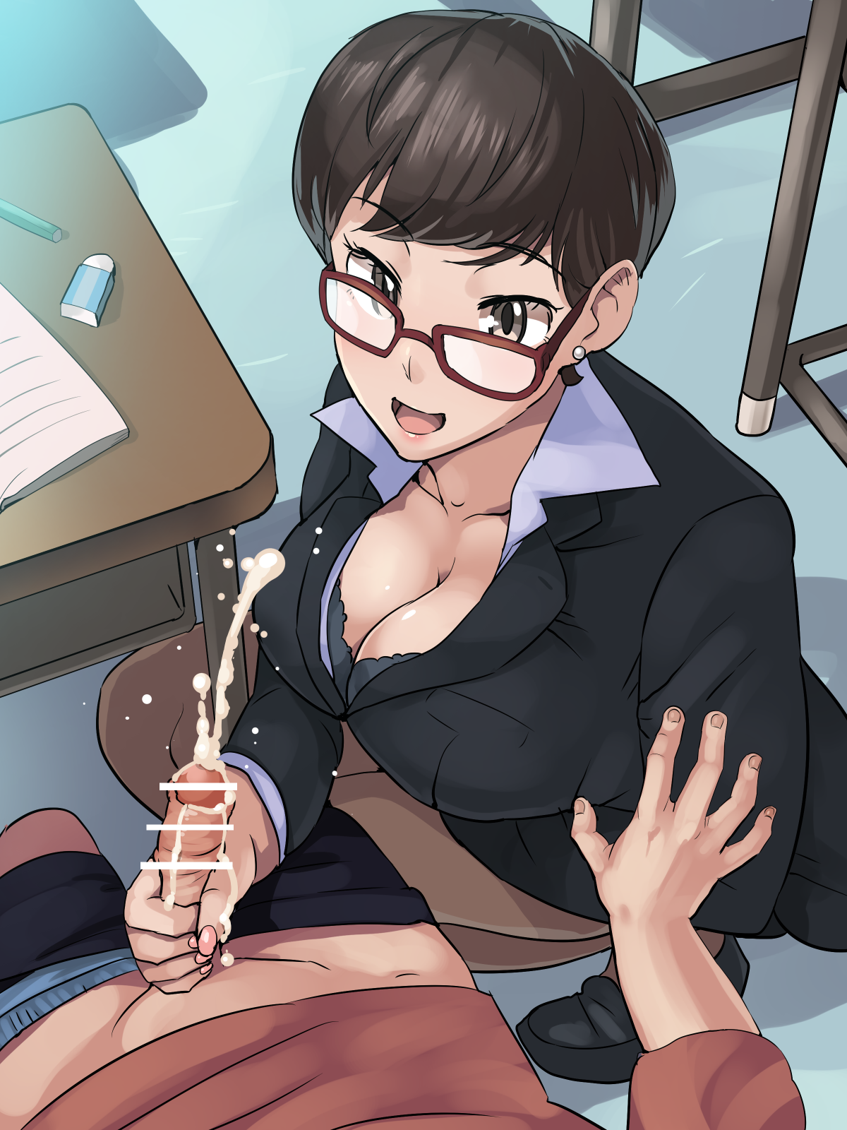 1boy, bar censor, blazer, boris (noborhys), brown hair, censored, cleavage, cum, female, glasses, handjob, male, penis, short hair, smile, teacher