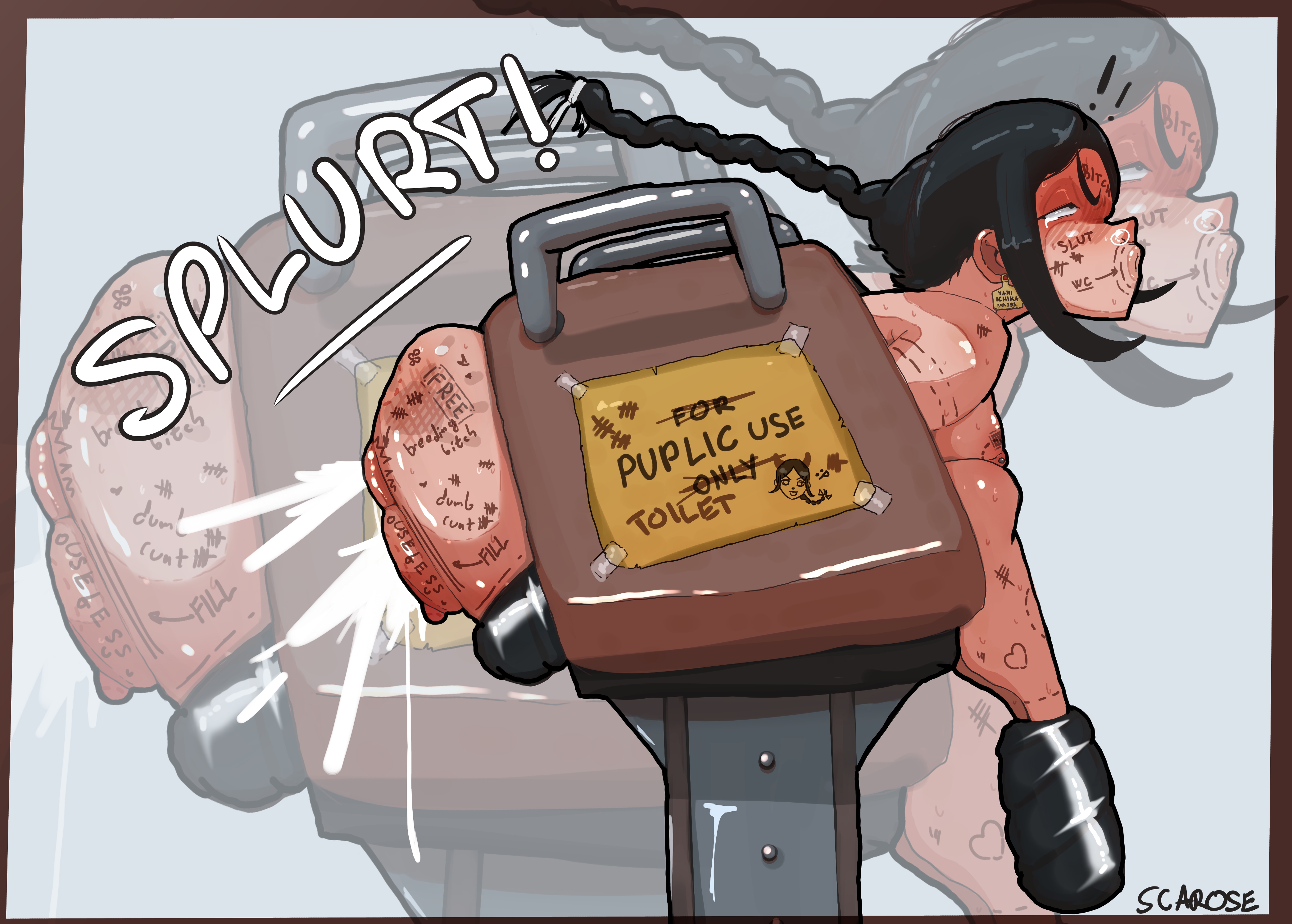 1girl, 1girls, after sex, ass, ass focus, black clover, bondage, breasts, breeding mount, cumdump, cumdumpster, dark hair, degradation, degradation text, english text, excessive cum, female, folded, forced, free use, from side, grey eyes, light skin, light-skinned female, nude, nude female, public use, puffy anus, puffy pussy, restrained, rolling eyes, scarose, side view, slave, stuck, stuck in object, tally marks, writing on body, yami ichika