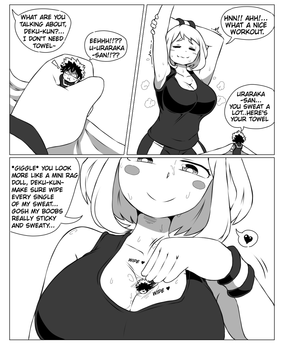 between breasts, breasts, canon couple, closed eyes smile, female, giantess, gtstamago, izuku midoriya, larger female, male, my hero academia, ochako uraraka, post-workout, smaller male, sweaty body