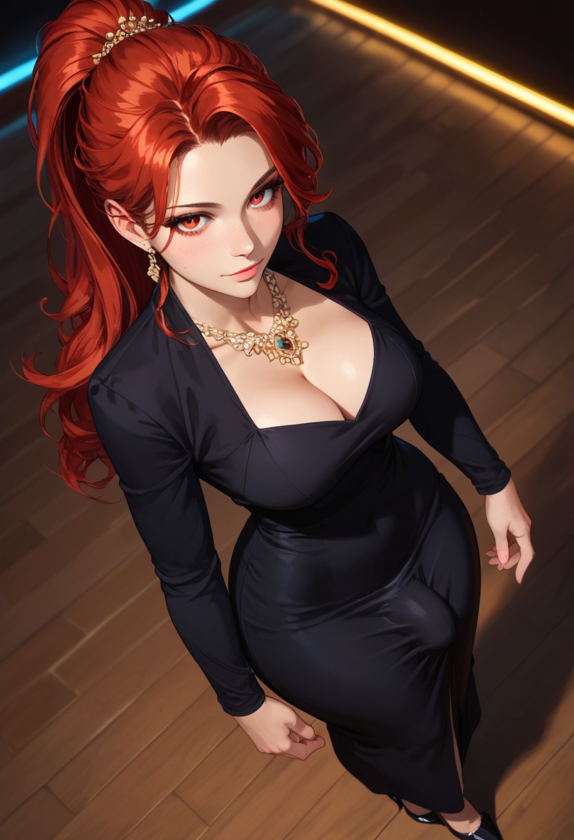 1futa ai_generated black_dress cleavage dress erection_under_clothes evening_lady_(jamesbron) from_above futa_only futanari high-angle_view indoors intersex jamesbron jewelry large_breasts large_penis long_hair looking_at_viewer penis penis_bulge ponytail red_eyes red_hair solo solo_futa standing wide_hips