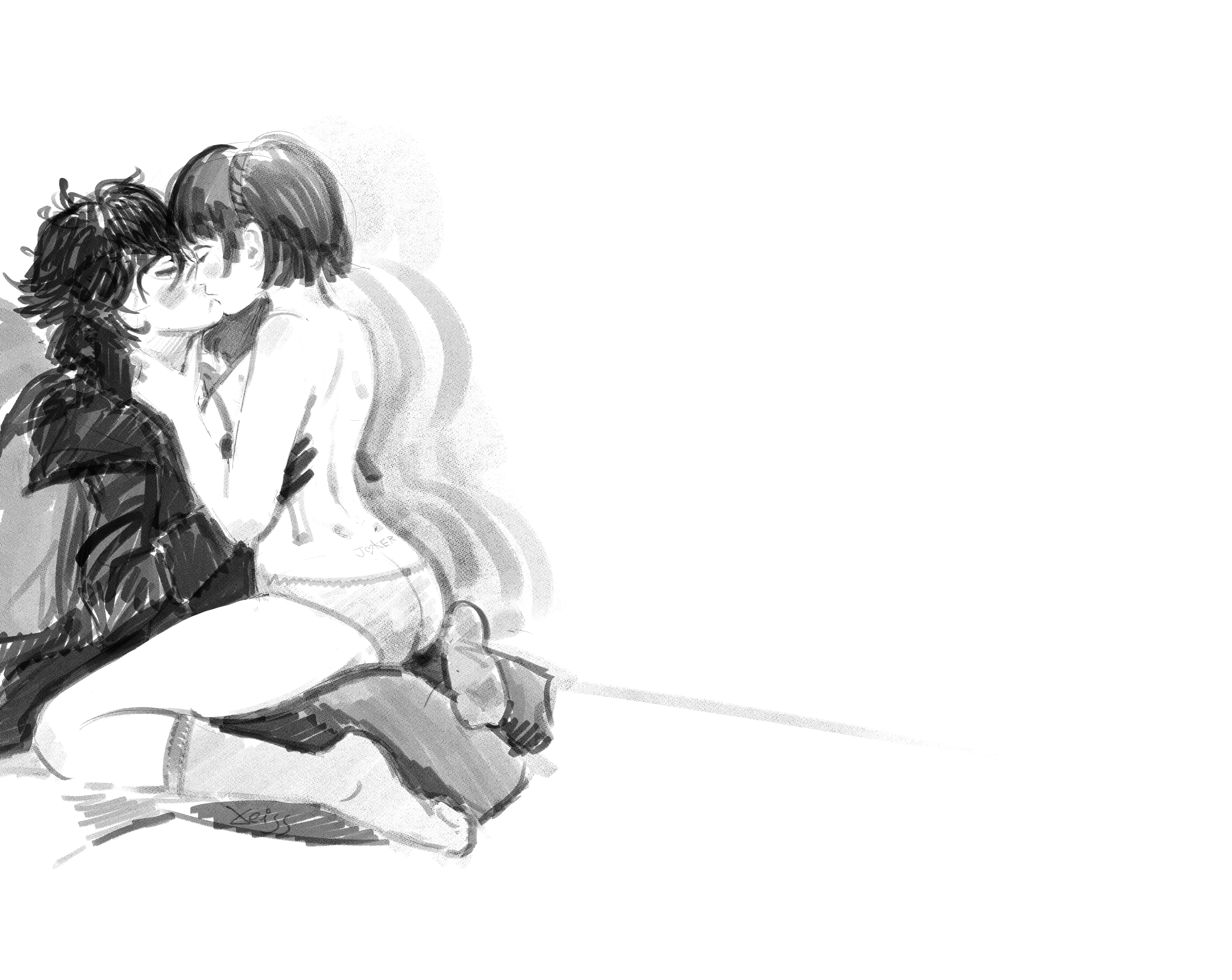 1boy, 1girls, akira kurusu, ass shake, atlus, black and white, clothed male nude female, couple, couple (romantic), couple art, couple focus, couple love, couple sex, drawing, duo, duo focus, female, joker (persona), kissing, kissing while penetrated, lovers, loving couple, makoto niijima, male, male/female, megami tensei, naked, naked female, nude, nude female, nude female clothed male, persona, persona 5, pussy, ren amamiya, romance, romantic, romantic ambiance, romantic couple, romantic sex, rubbing pussy, short hair, socks, straight, tattoo, tramp stamp, underwear, wholesome, wholesome sex, xeiss