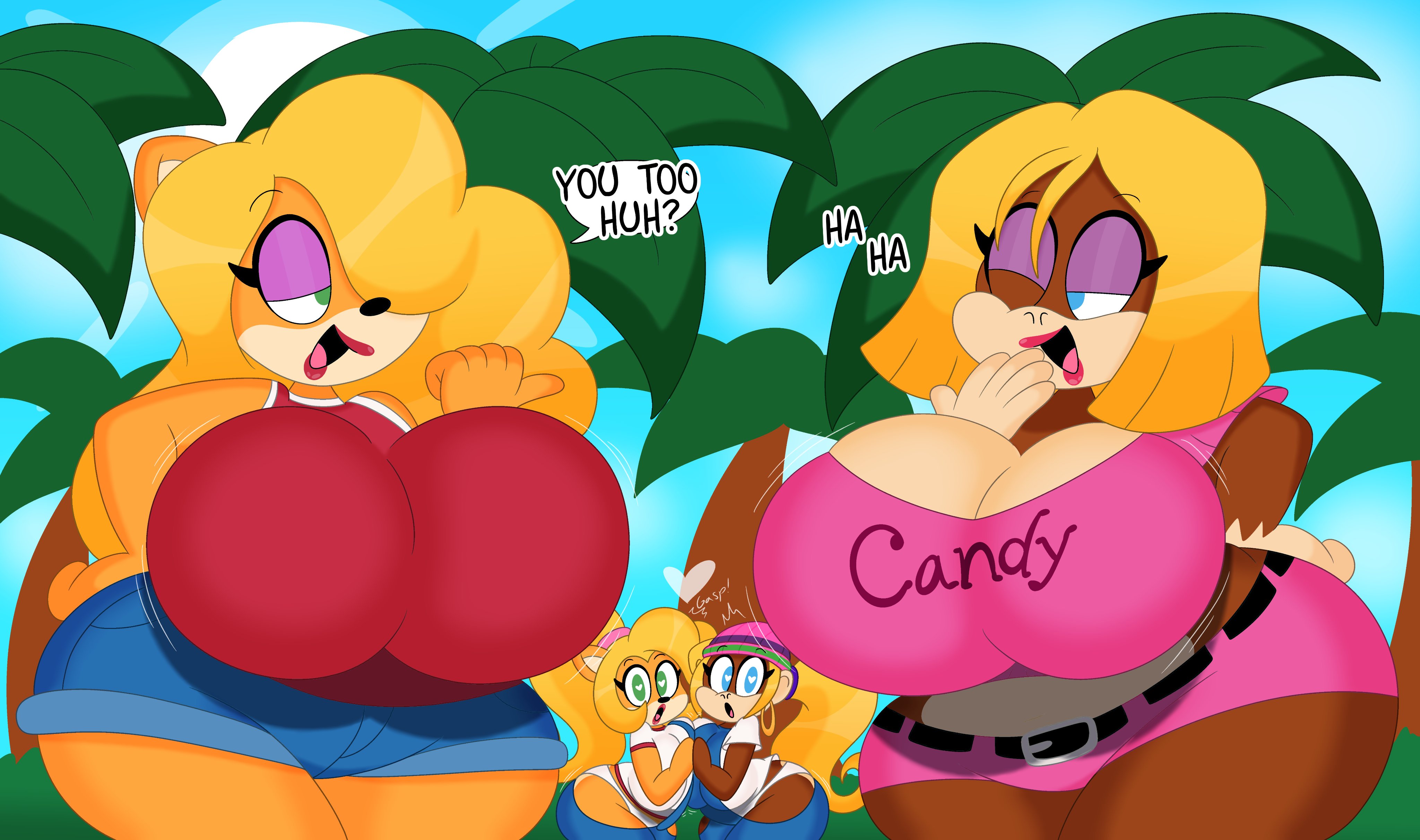 3barts, 4girls, ass, asymmetrical docking, being watched, big ass, big breasts, breast press, breasts, breasts to breasts, candy kong, coco bandicoot, crash (series), crossover, donkey kong (series), female, heart symbol, tawna bandicoot, tiny kong