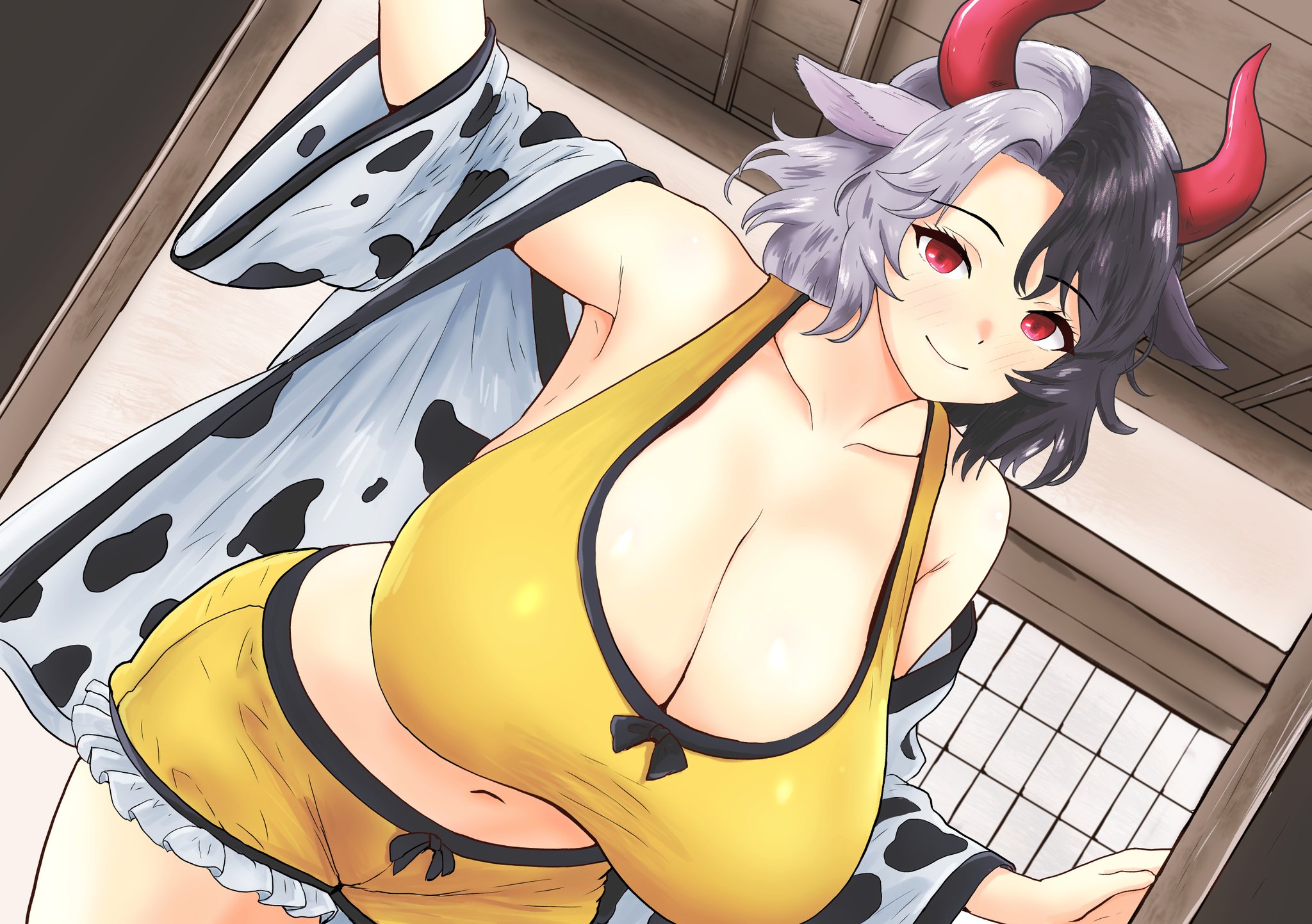 1girls, animal ears, big breasts, black hair, breasts, cleavage, clothed female, cow ears, cow girl, cow print jacket, female, grey hair, hinben, horns, huge breasts, light skin, light-skinned female, mature female, multicolored hair, red eyes, silver hair, smile, solo, solo female, touhou, urumi ushizaki