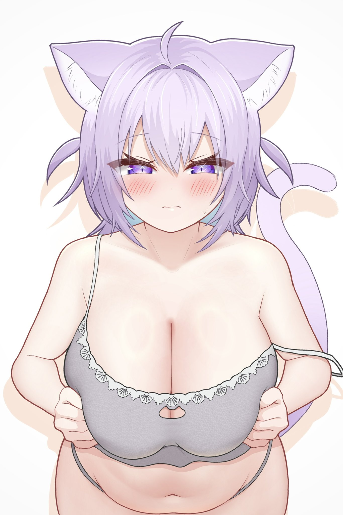 ahoge, animal ears, blush, breasts, cat ears, cat girl, cat tail, cleavage, female, highres, hololive, hololive gamers, hololive japan, large breasts, mochigome (mochigomemcmc), navel, nekomata okayu, nekomata okayu (membership), official alternate costume, panties, plump, purple eyes, purple hair, simple background, solo, tail, two side up, underwear, virtual youtuber