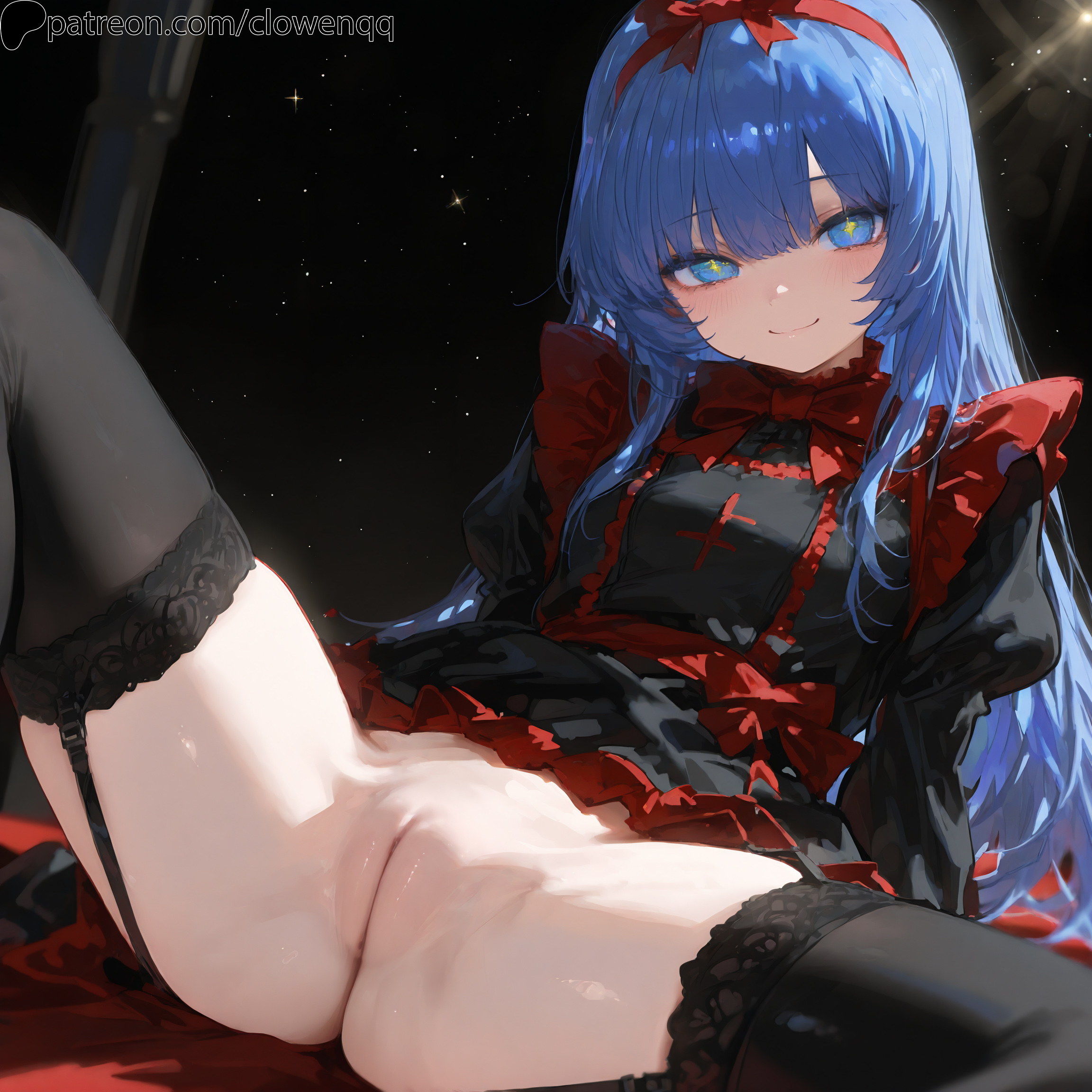 1girls, ai generated, ass, bangs, black legwear, black souls, black souls 2, blue eyes, blue hair, blush, bow, cleft of venus, clowenqq, dress, female, female focus, female only, frills, garter straps, innie pussy, legs spread, legwear, long hair, looking at viewer, mabel (black souls), no panties, presenting, presenting pussy, pussy, sitting, smile, solo, solo female, solo focus, spread legs, stockings, symbol-shaped pupils, thick thighs, thighhighs, thighs, uncensored