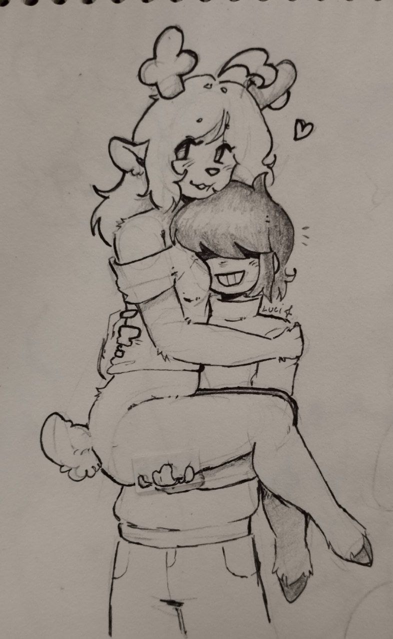 1boy, 1girls, deltarune, female, holding partner, kris (deltarune), kris male (deltarune), luci star, noelle holiday, sketch, smile, smiling, wholesome
