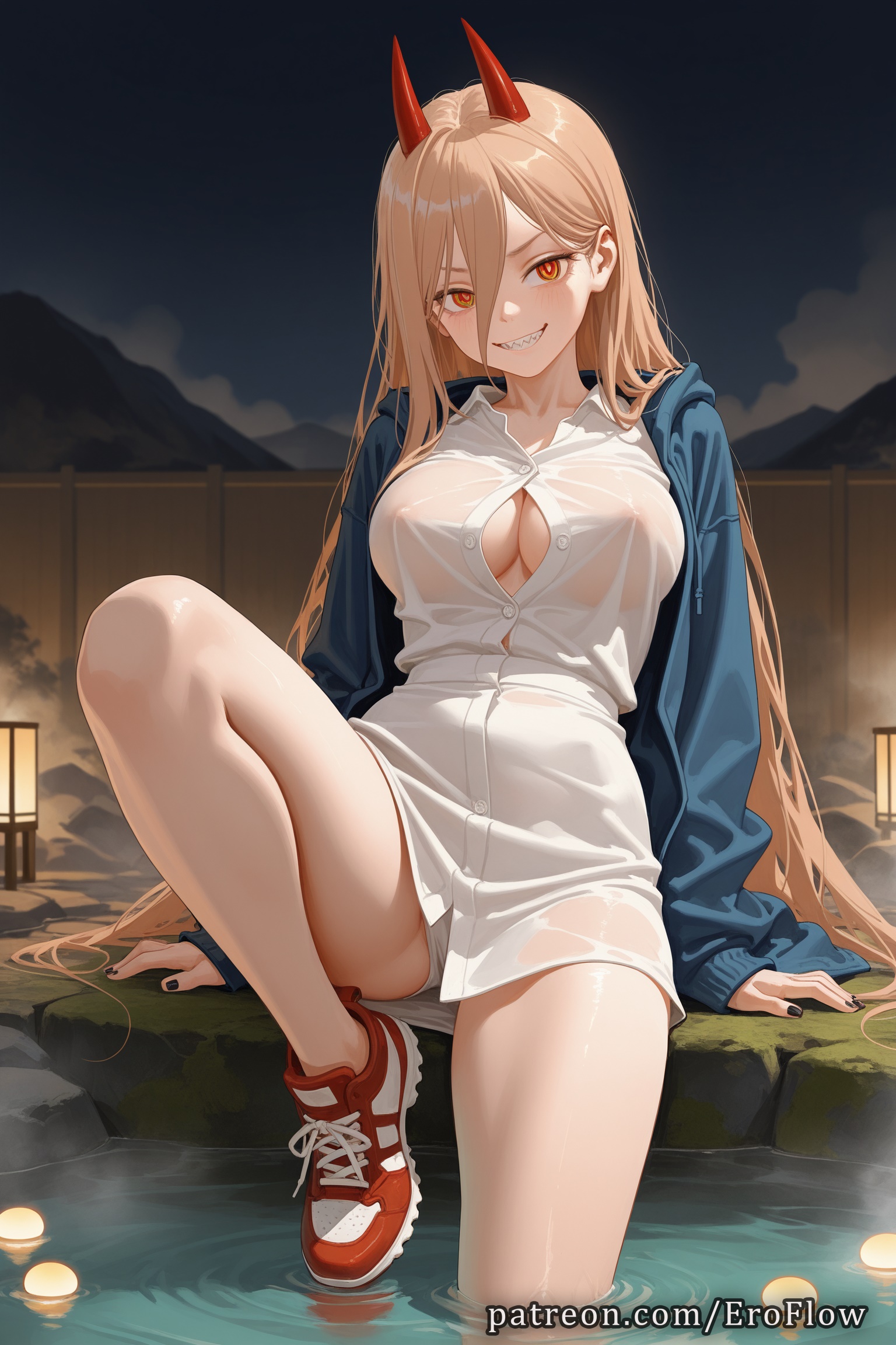 1girls, 2025, ai generated, blonde hair, blue jacket, breasts, chainsaw man, cleavage, curvaceous, curves, curvy, demon horns, eroflow, female, grin, hair between eyes, hi res, highres, hood, horns, huge breasts, jacket, knee up, large breasts, light skin, light-skinned female, long hair, looking at viewer, night, open clothes, outdoors, partially unbuttoned, patreon, power (chainsaw man), red footwear, red horns, sharp teeth, shirt, shoes, sitting, smile, sneakers, solo, teasing, teeth, thick thighs, underwear, voluptuous, voluptuous female, water, wet, white shirt