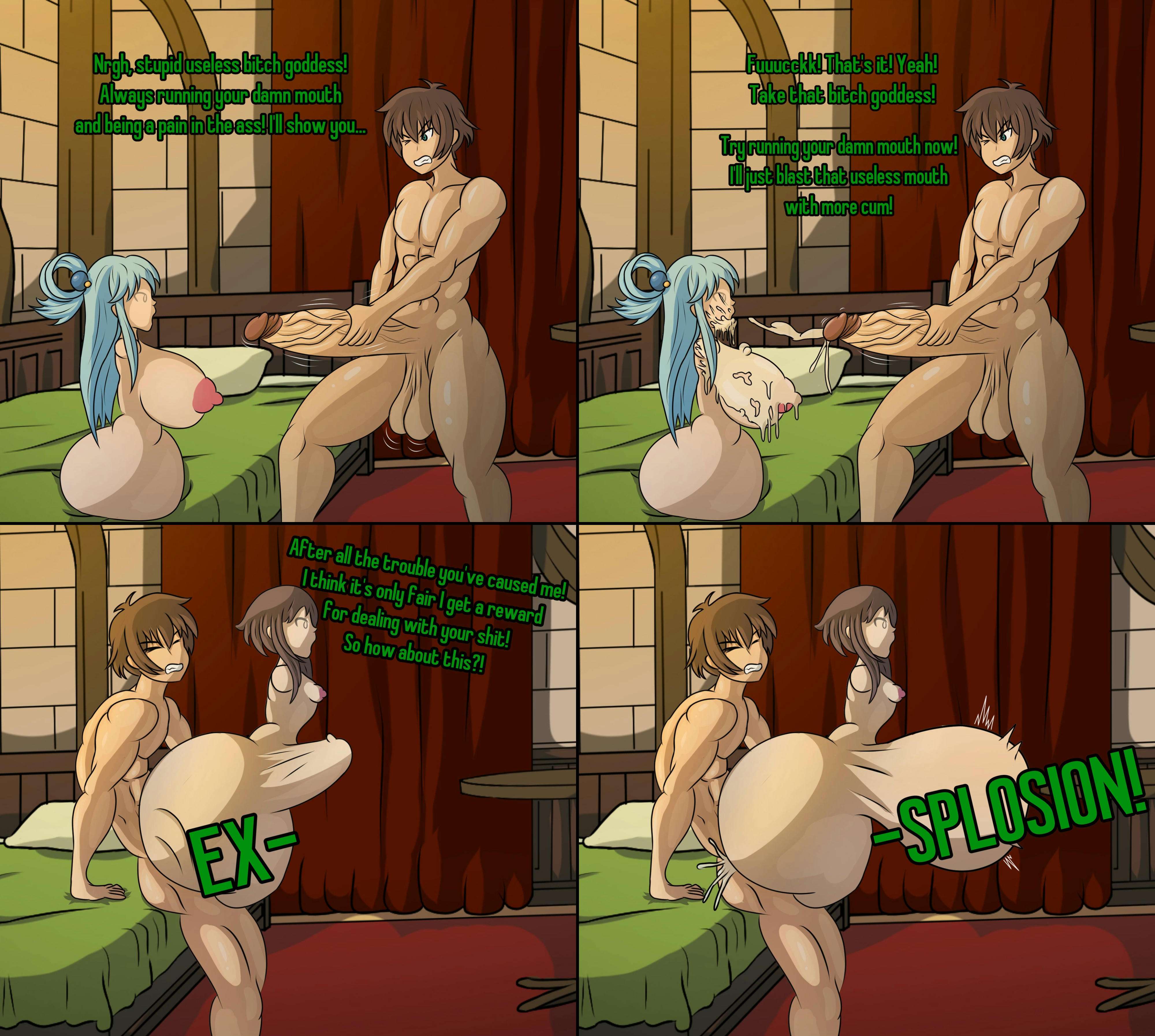 1boy, abs, aqua (konosuba), areola, areolae, ass, balls, ballsack, bed sheet, bedroom, big areola, big areolae, big ass, big breasts, big butt, blue hair, breasts, brown hair, bubble ass, bubble butt, cock, cum, cumming, cumming inside, cumming on breasts, cumming on face, dick, english, english text, f e , female, green bed sheet, green eyes, huge ass, huge butt, huge cock, kono subarashii sekai ni shukufuku wo!, large cock, large dick, large penis, light skin, light-skinned male, long hair, male, male masturbation, masturbation, megumin, muscular, muscular male, navel, nipples, onahole, penetrating sex toy, penetrating sextoy, penis, pink areola, pink areolae, pink nipples, round ass, round butt, satou kazuma, sex doll, sex toy, sexdoll, sextoy, side view, sitting, sitting on bed, small areola, small areolae, small breasts, stomach bulge, text, veiny penis