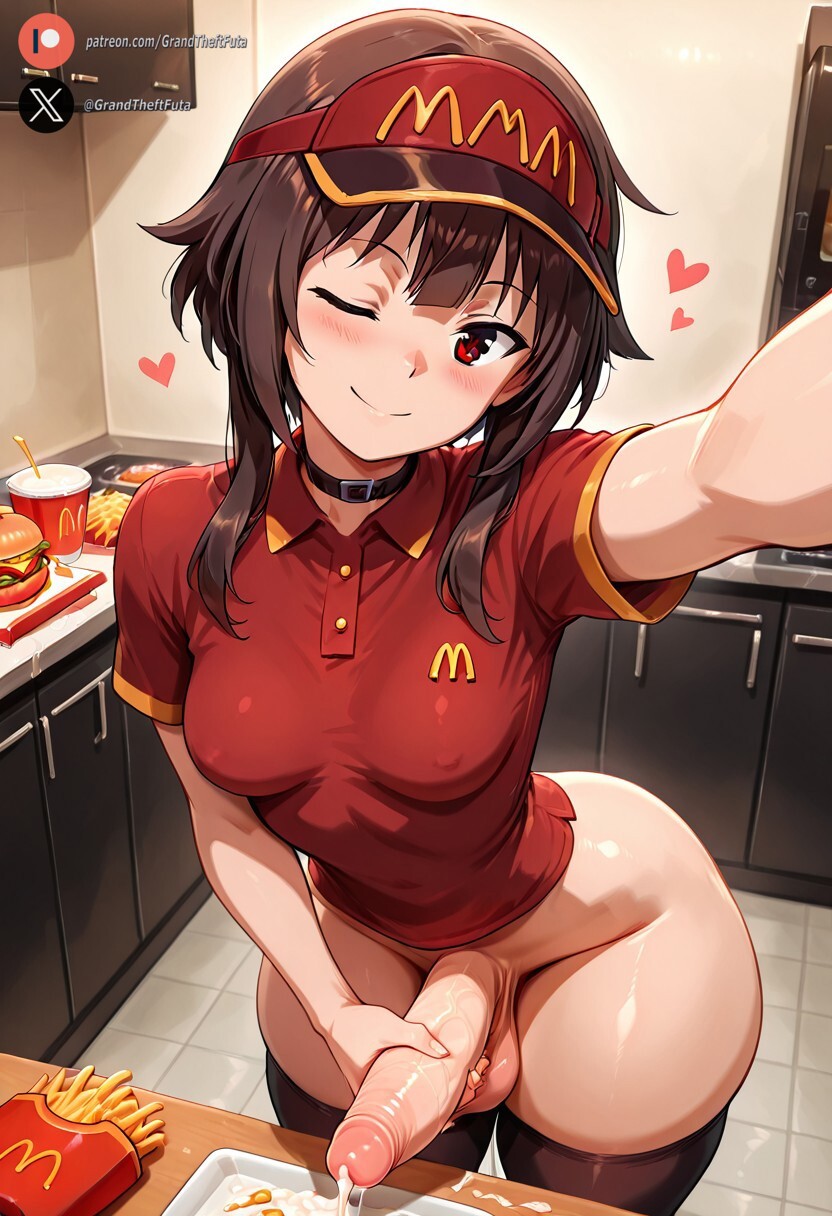 ai_generated balls big_penis blush clothing cock cum dickgirl food futanari huge_cock indoors kono_subarashii_sekai_ni_shukufuku_wo! light-skinned_futanari light_skin mcdonald's megumin penis precum restaurant roxygtf short_hair small_breasts solo sweat sweating sweaty_body