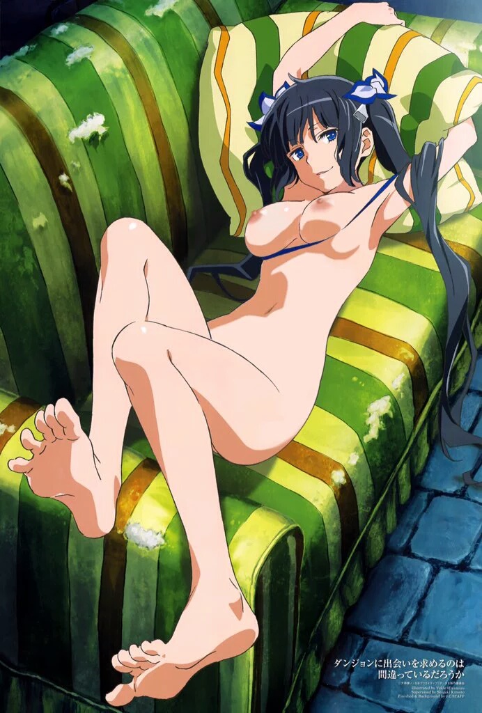 barefoot black_hair blue_eyes breasts couch deep_skin dungeon_ni_deai_wo_motomeru_no_wa_machigatteiru_darou_ka feet female hestia_(danmachi) large_breasts legs long_hair lying megami_magazine navel nipples no_bra nude nude_filter on_back photoshop pillow rei_no_himo ribbon small_nipples smile soles solo tied_hair toes twintails