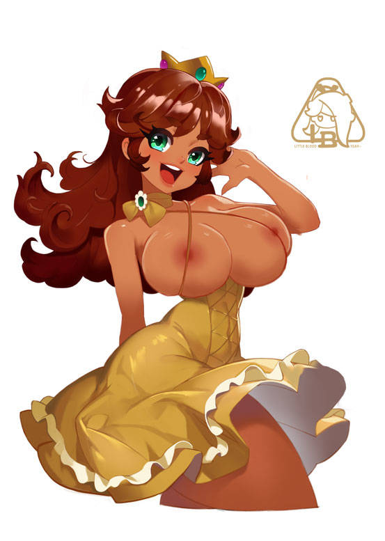 alternate_costume breasts dark-skinned_female dark_skin large_breasts little_blood mario_(series) nintendo nipples princess_daisy