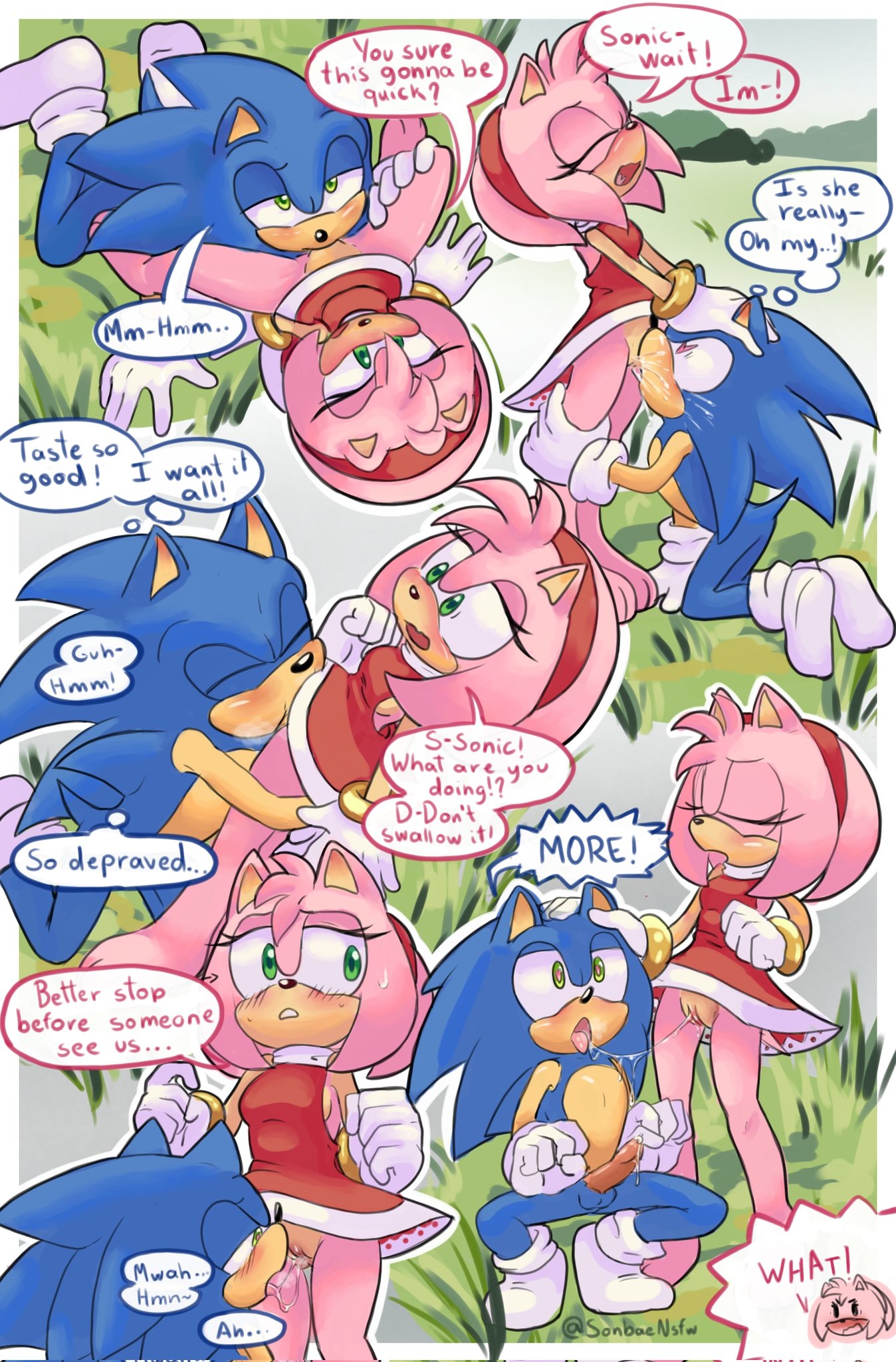 1boy, 1girl, 1girls, amy rose, comic page, cunnilingus, dress, exhibitionism, female, furry, heart eyes, heart-shaped pupils, horny, horny male, male, no panties, no panties under dress, penis, pussy, pussy drunk, sega, socks, sonbeansfw, sonic (series), sonic the hedgehog, speech bubble, squirting, squirting orgasm, straight